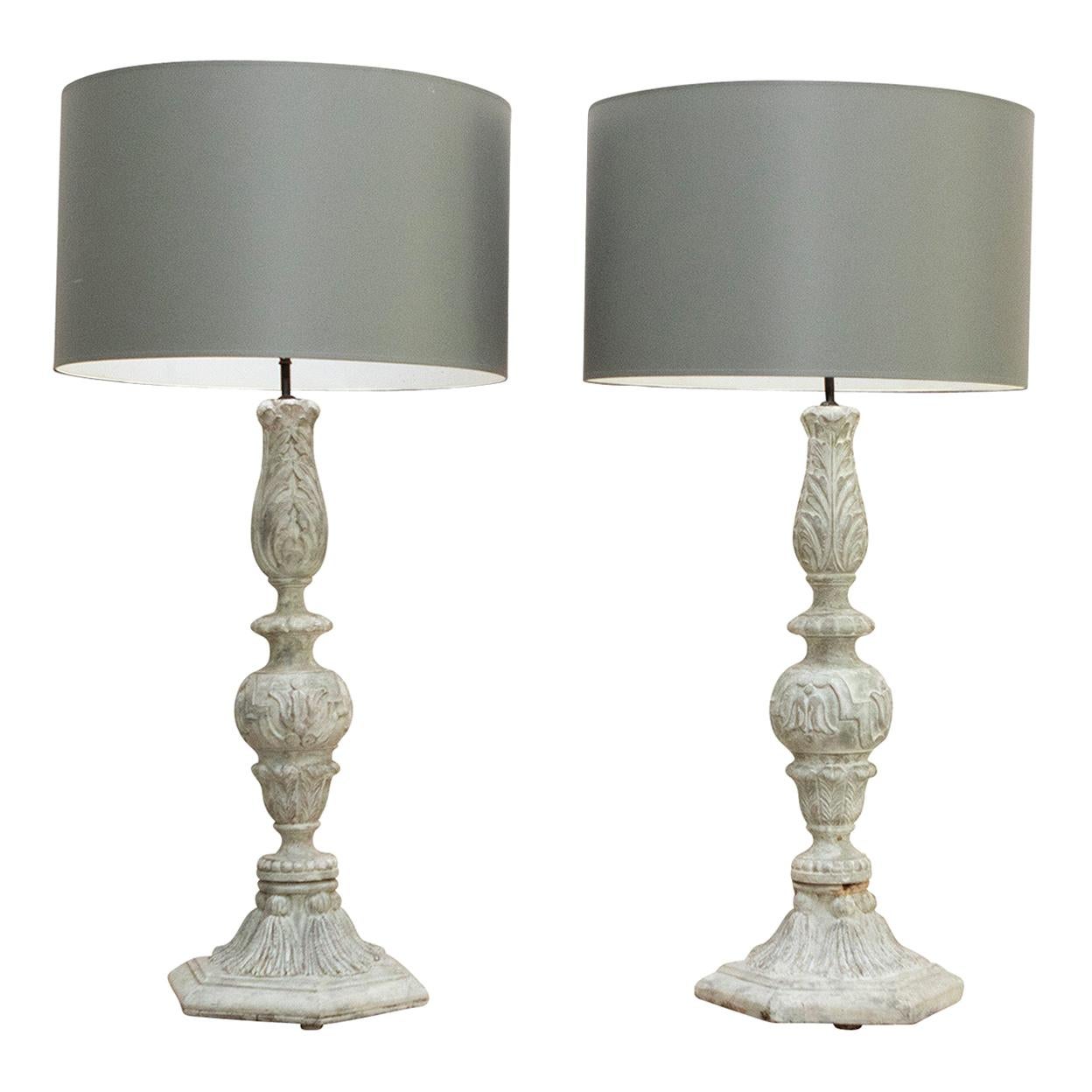 Classical Carved Wooden Finial Lamps with Grey Drum Shades