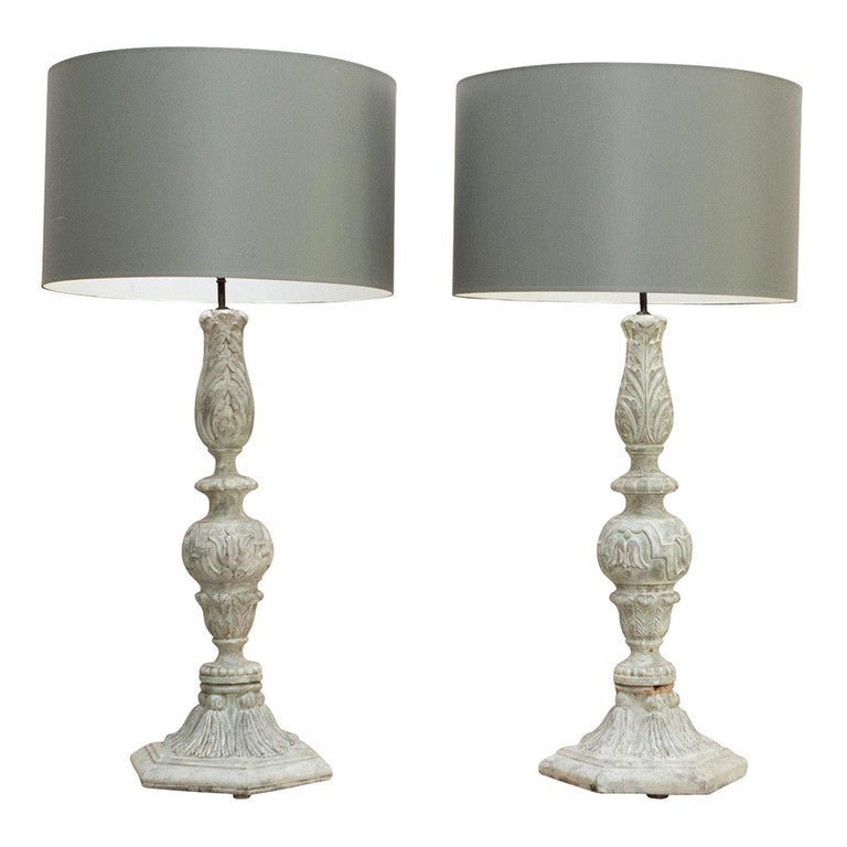 Classical Carved Wooden Finial Lamps with Grey Drum Shades For Sale at  1stDibs