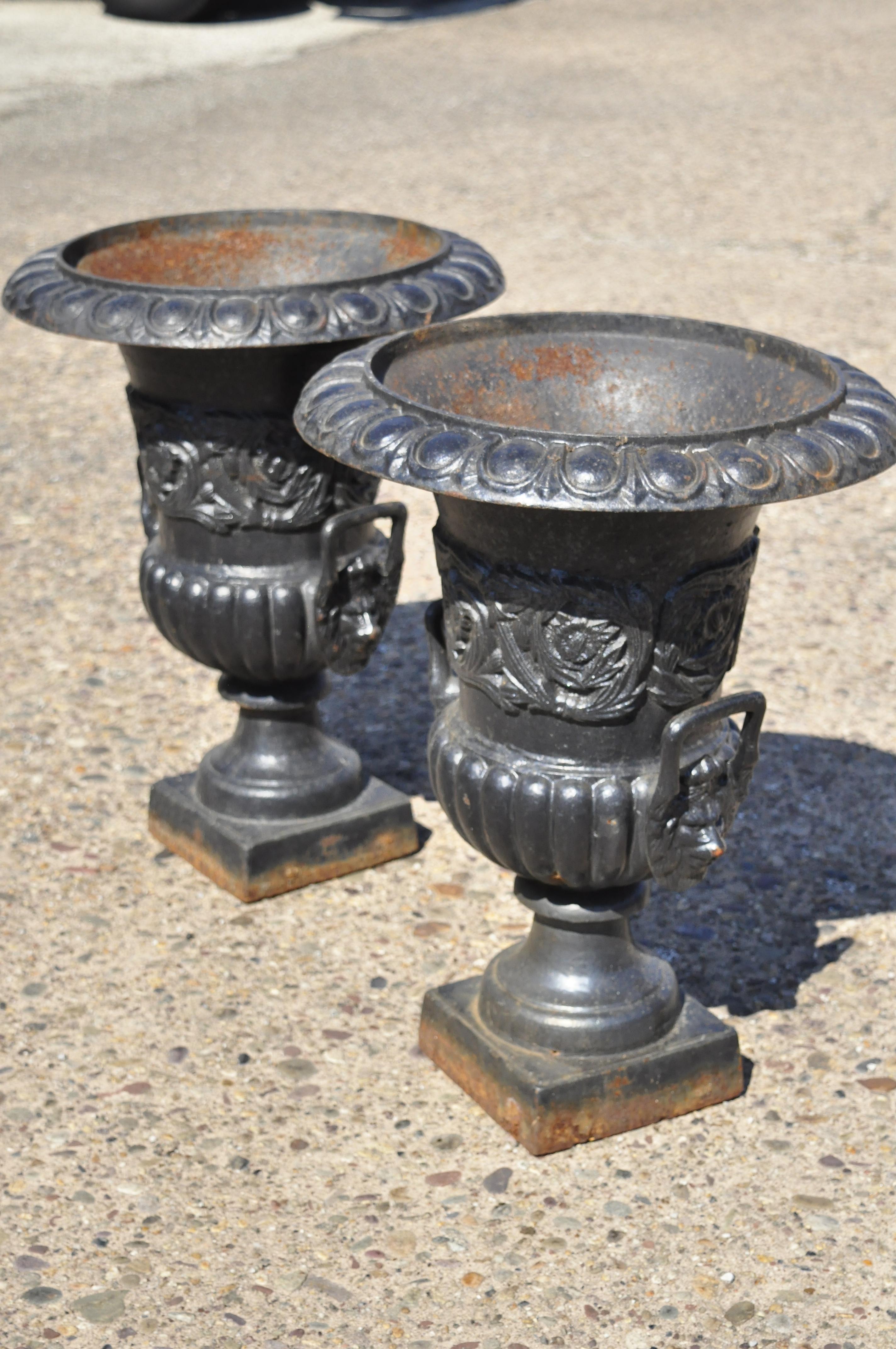 Classical Cast Iron Figural Urn Garden Planter Pots w Lions and Foliate, a Pair 4