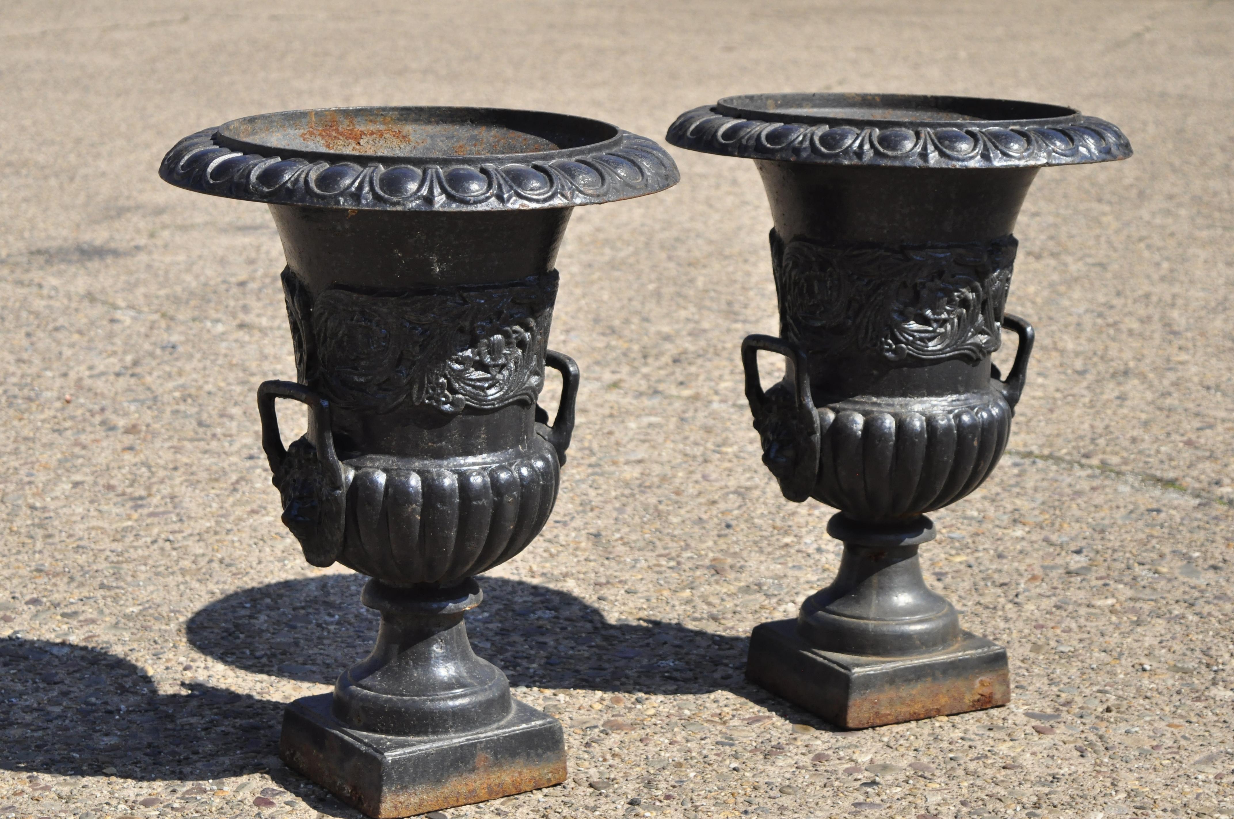 Classical Cast Iron Figural Urn Garden Planter Pots w Lions and Foliate, a Pair 6