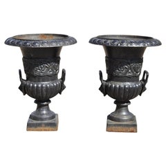 Vintage Classical Cast Iron Figural Urn Garden Planter Pots w Lions and Foliate, a Pair