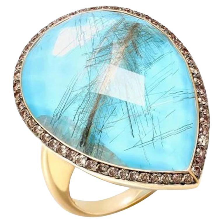 Classical Cognac Diamond Quartz Turquoise Yellow Gold Band Ring for Her For Sale