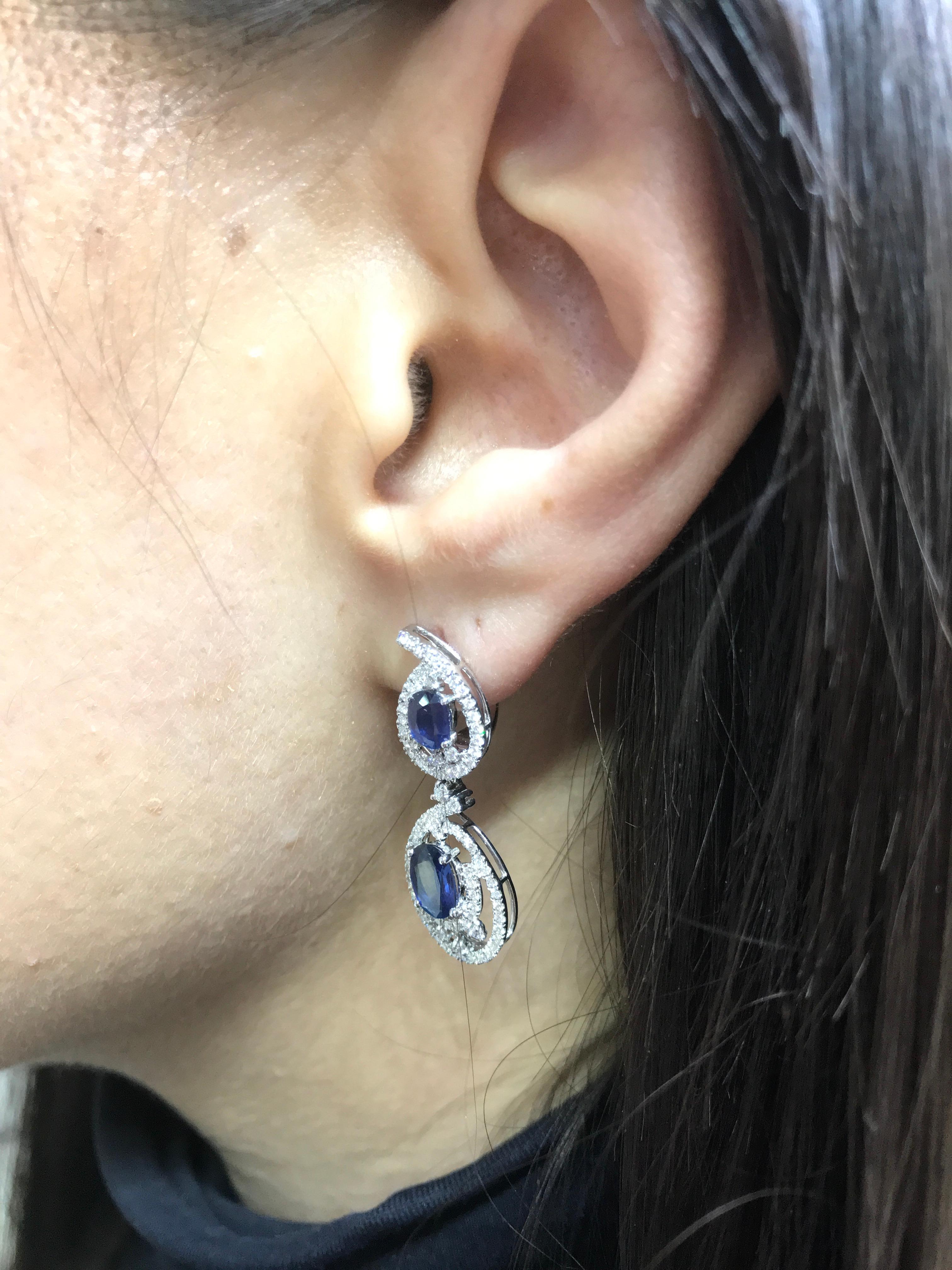 Antique Cushion Cut Classical Combination Blue Sapphire White Diamond White Gold Statement Earrings For Sale