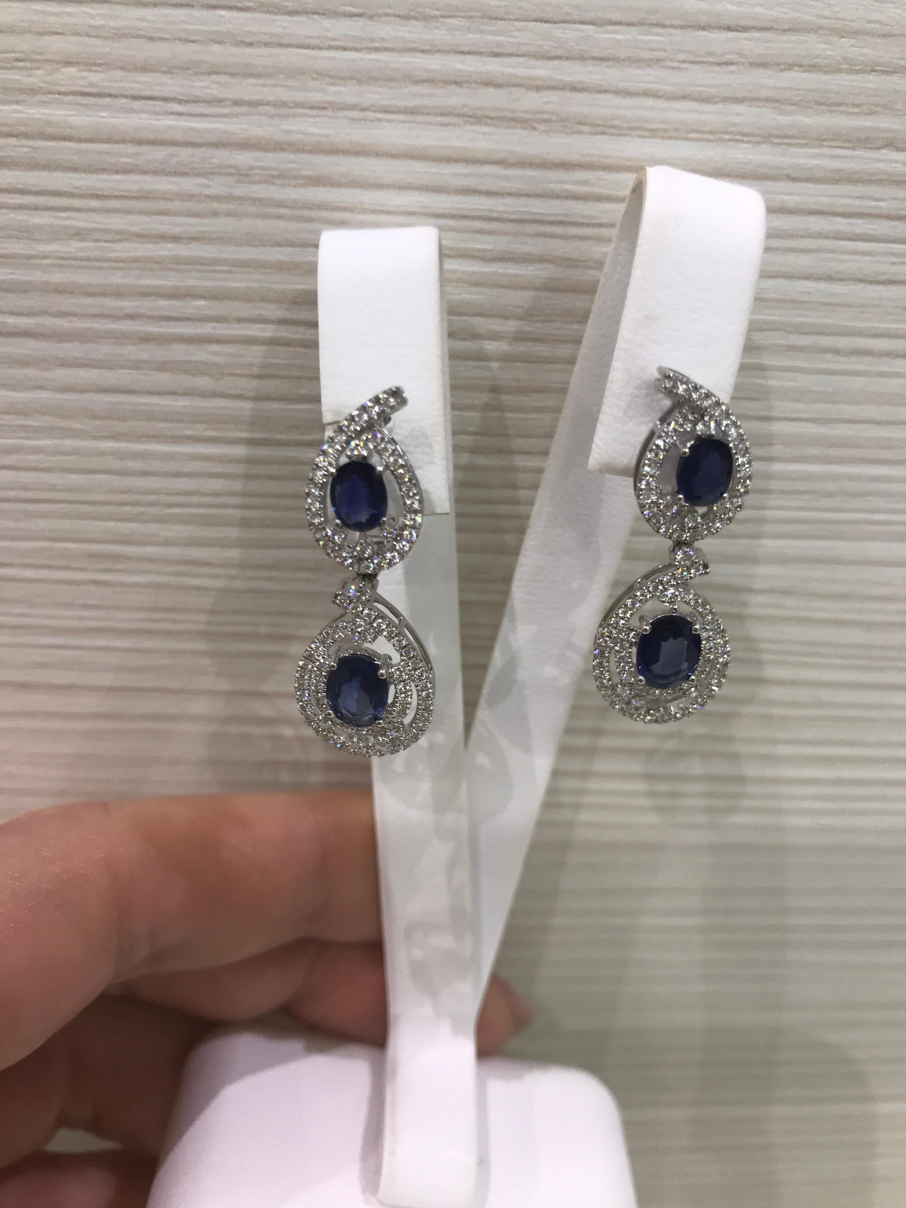 Classical Combination Blue Sapphire White Diamond White Gold Statement Earrings For Sale 1
