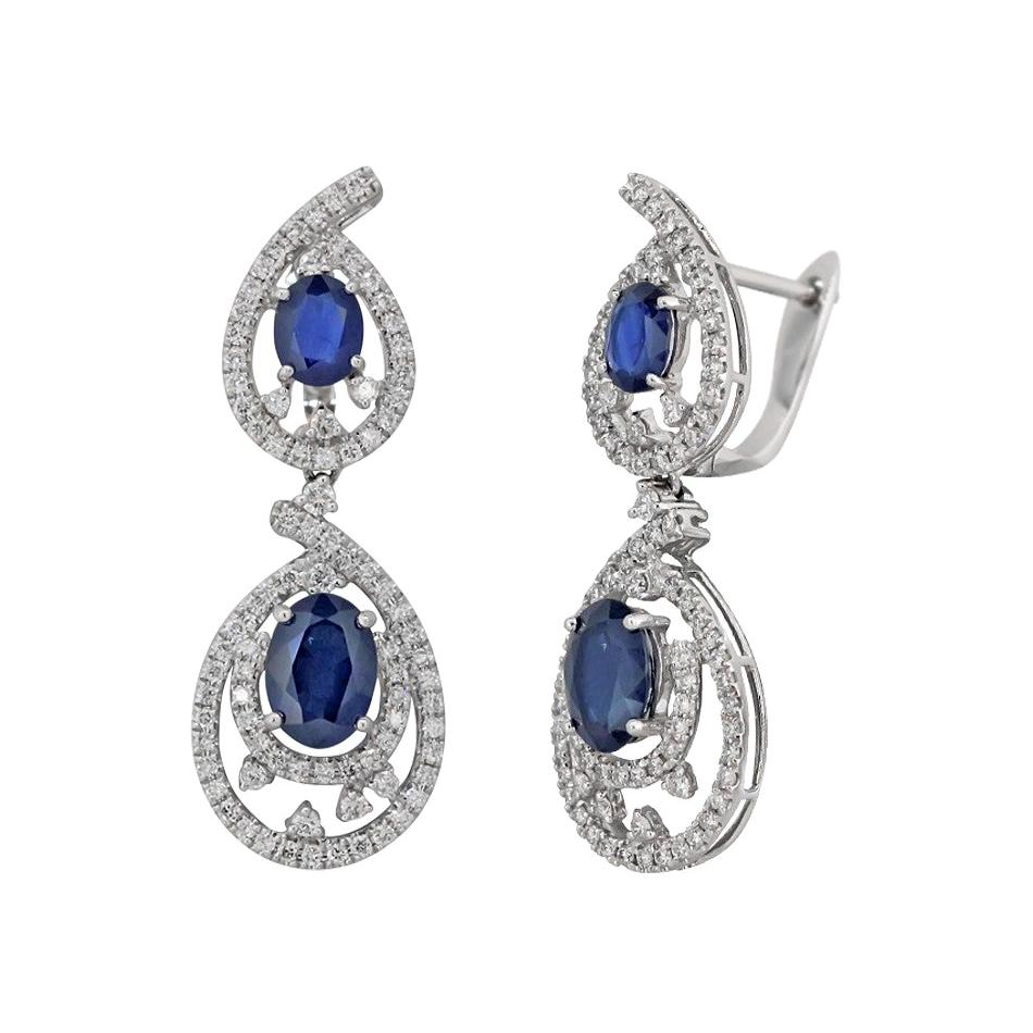 Classical Combination Blue Sapphire White Diamond White Gold Statement Earrings For Sale