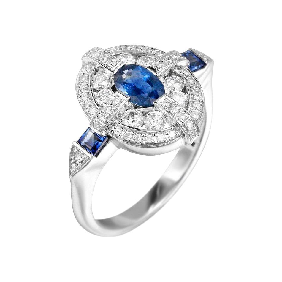 For Sale:  Classical Combination Blue Sapphire White Diamond White Gold Statement Ring