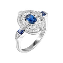 Classical Combination Blue Sapphire White Diamond White Gold Statement Ring