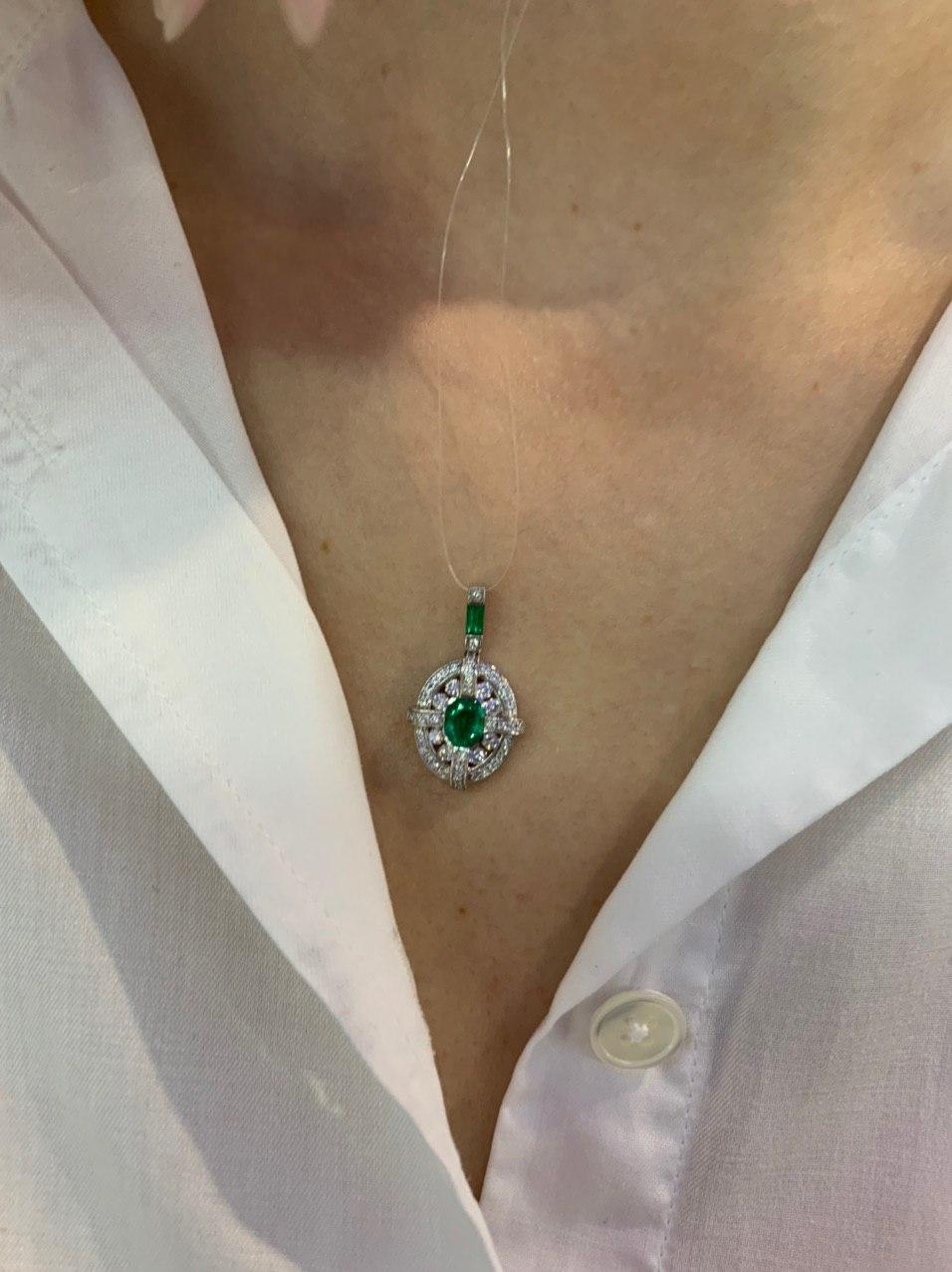 Classical Combination Emerald White Diamond White Gold Pendant For Sale 2
