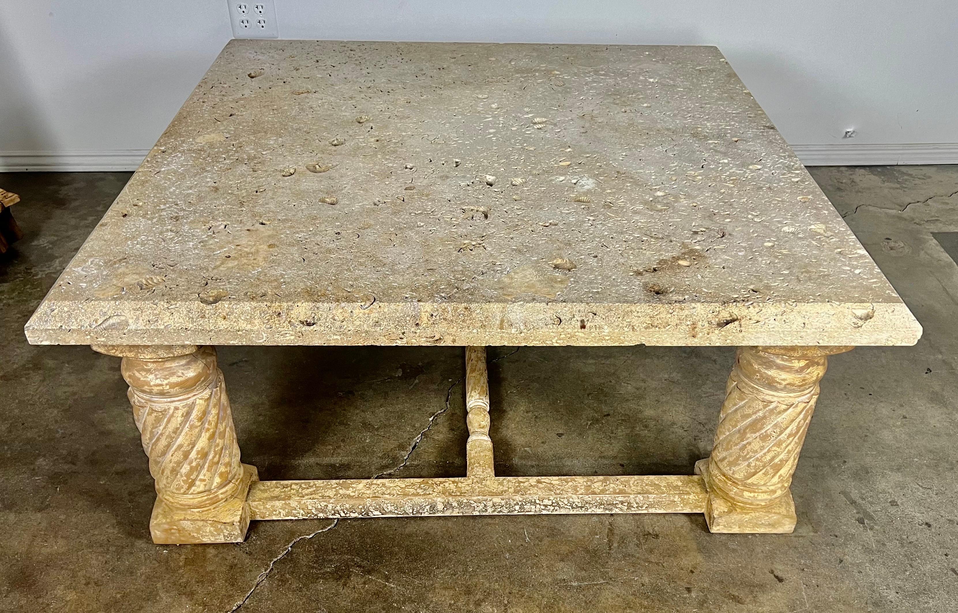 20th Century Classical Crackled Wood Base Coffee Table with Stone Top For Sale