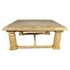 Vintage Classical Crackled Wood Base Coffee Table with Stone Top
