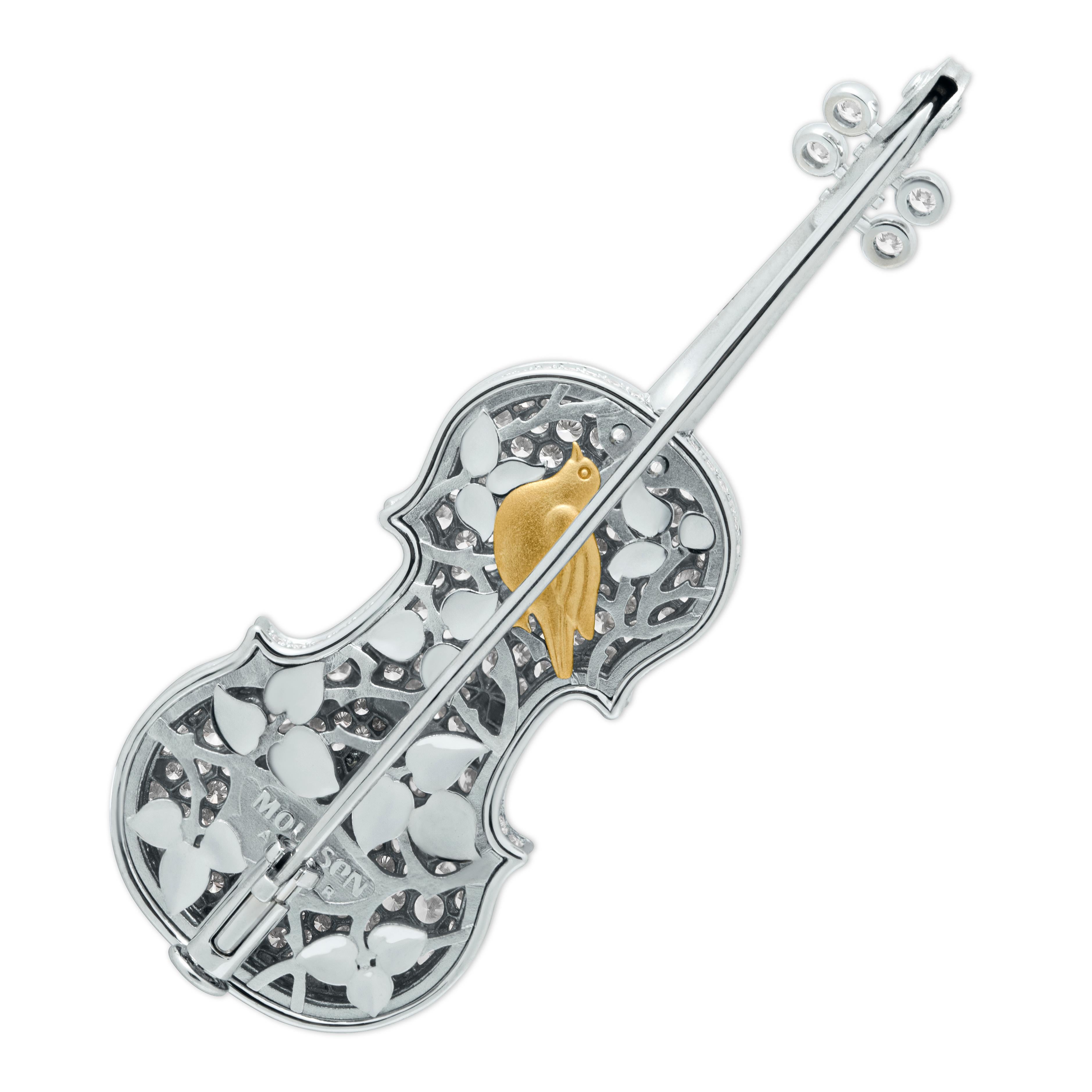 Classical Diamonds 18 Karat White Gold Violin Brooch

Get ready to feel fancy and proud with Mousson Atelier's 18K White Gold and Diamond Violin Brooch. Every element, from the delicate gold strings to the expert craftsmanship, is made to wow. And
