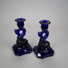 Classical Dolphin Form Cobalt Glass Candlesticks, 20th C