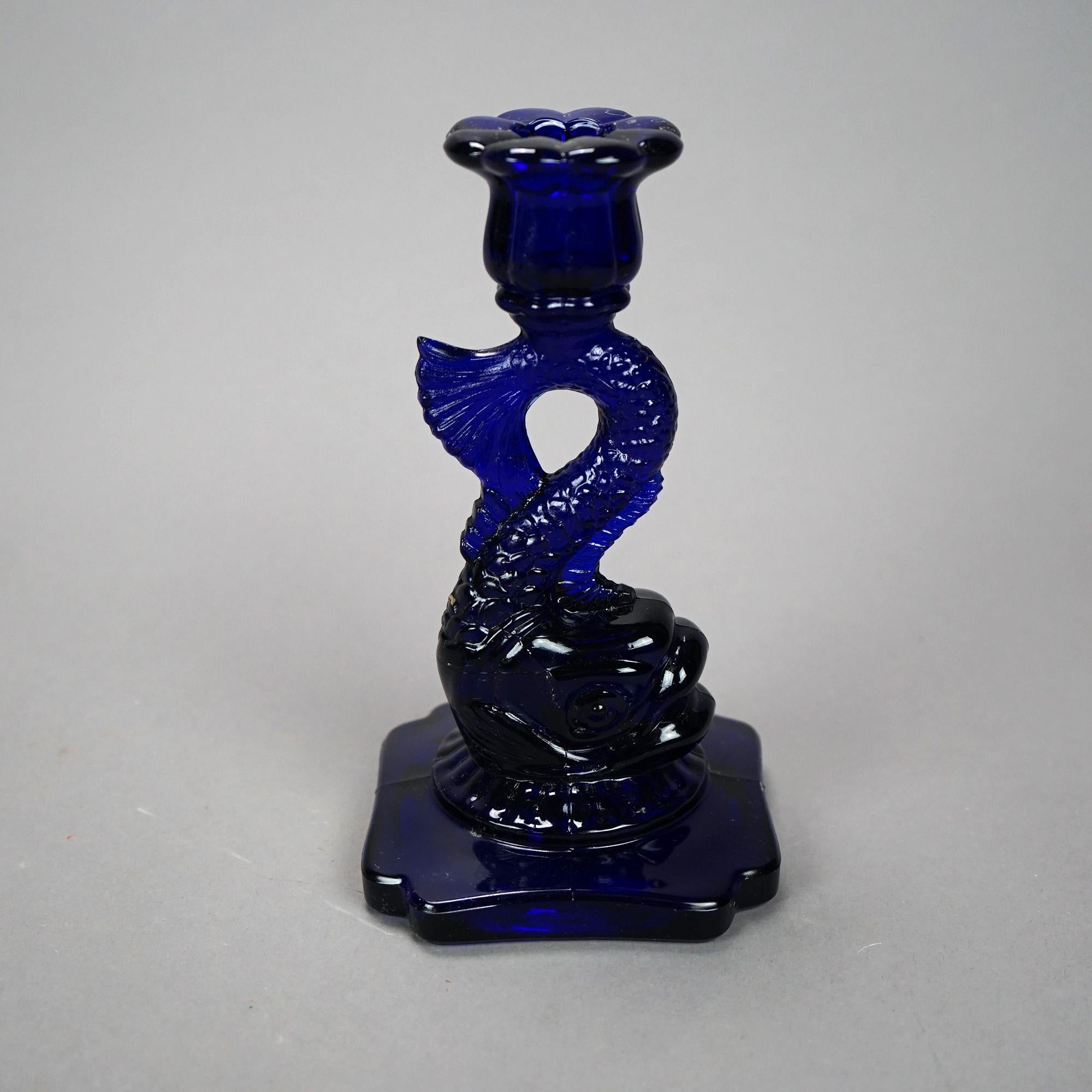Classical Greek Classical Dolphin Form Cobalt Glass Candlesticks, 20th C