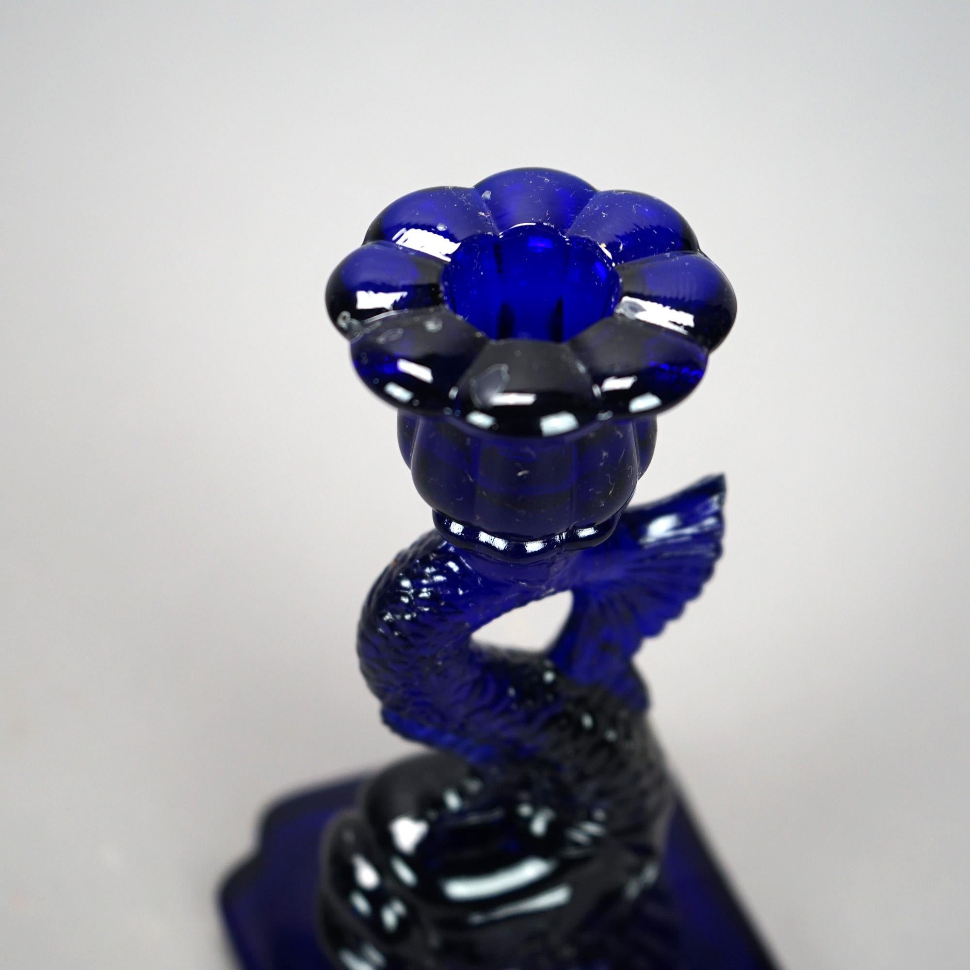 Classical Dolphin Form Cobalt Glass Candlesticks, 20th C In Good Condition In Big Flats, NY