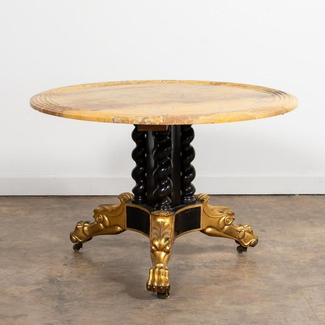 French Classical Ebonized & Gilt Marble Top Table For Sale