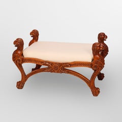 Classical Empire Figural Carved Mahogany & Upholstered Throne Bench 20th C
