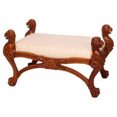 Vintage Classical Empire Figural Carved Mahogany & Upholstered Throne Bench 20th C