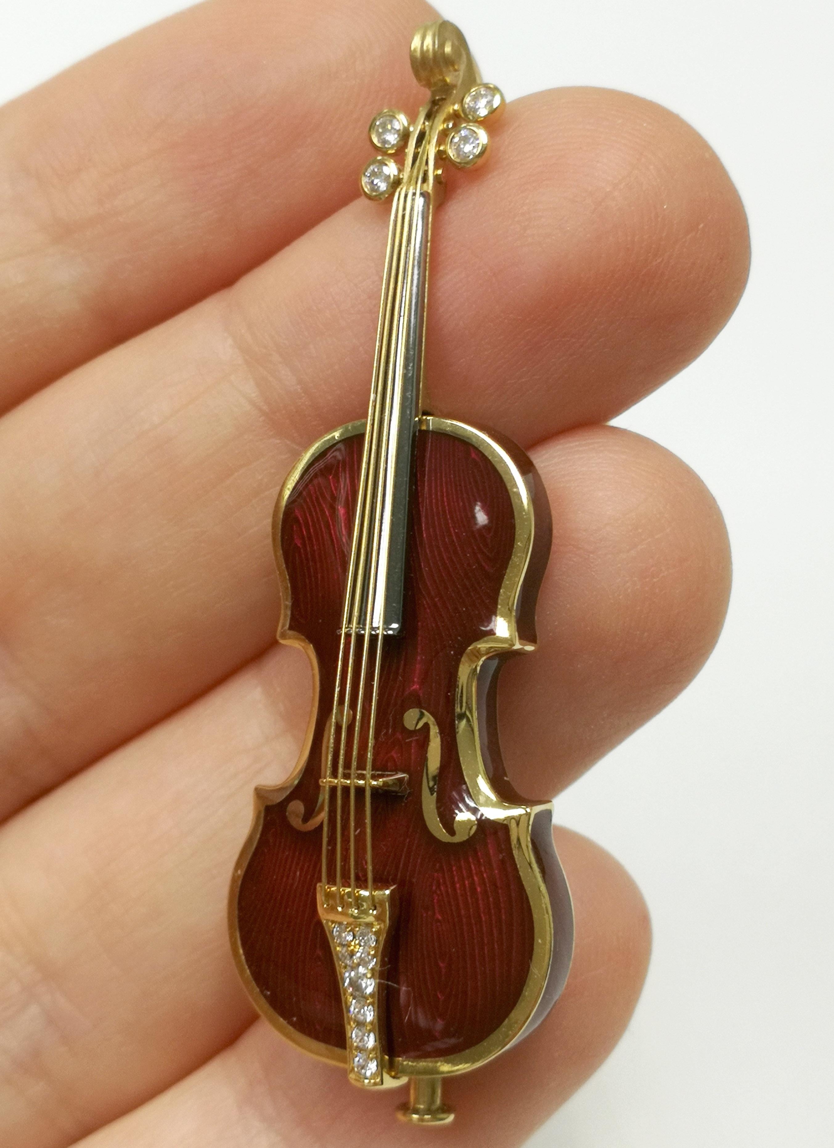 Classical Enamel Diamond 18 Karat Yellow Gold Violin Brooch For Sale 4