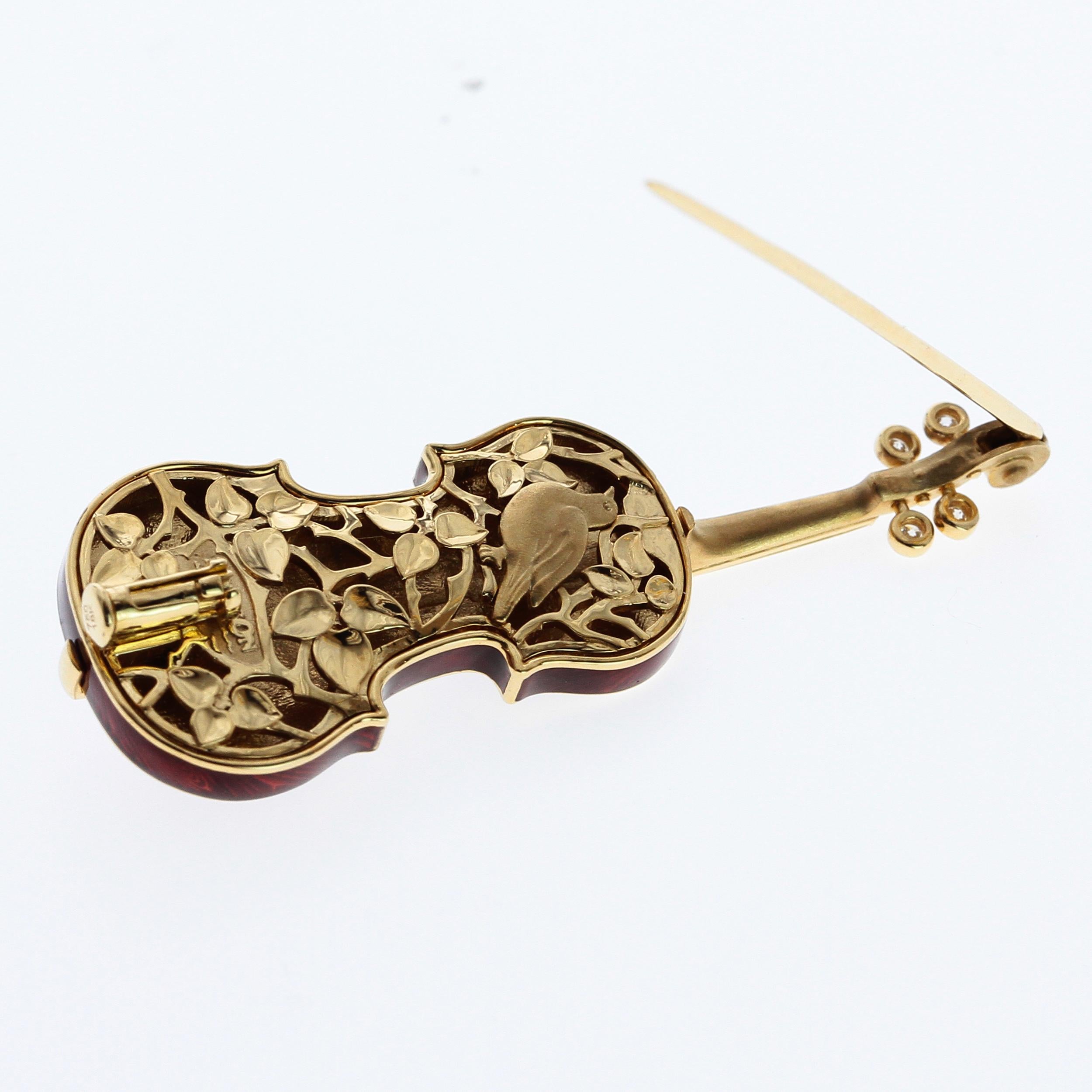 Mousson Atelier represent with prouds!
18 Karat Gold Enamel Violin Brooch. Our signature item form Musical Collection. Body with Enamel and Diamonds. Texture of real wood and transparent Enamel makes this brooch looks as originals from the old