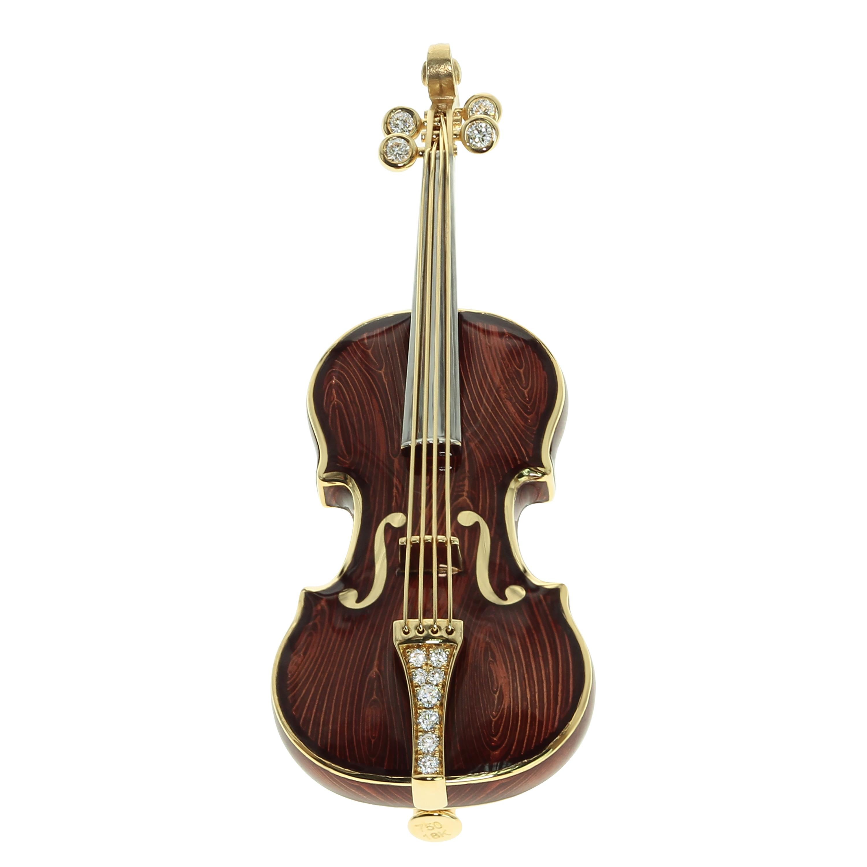 Mousson Atelier represents with pride!
18 Karat Gold Enamel Violin Brooch. Our signature item from Artistic Collection. Body with Enamel and Diamonds. The texture of real wood and transparent Enamel makes this brooch looks like originals from the