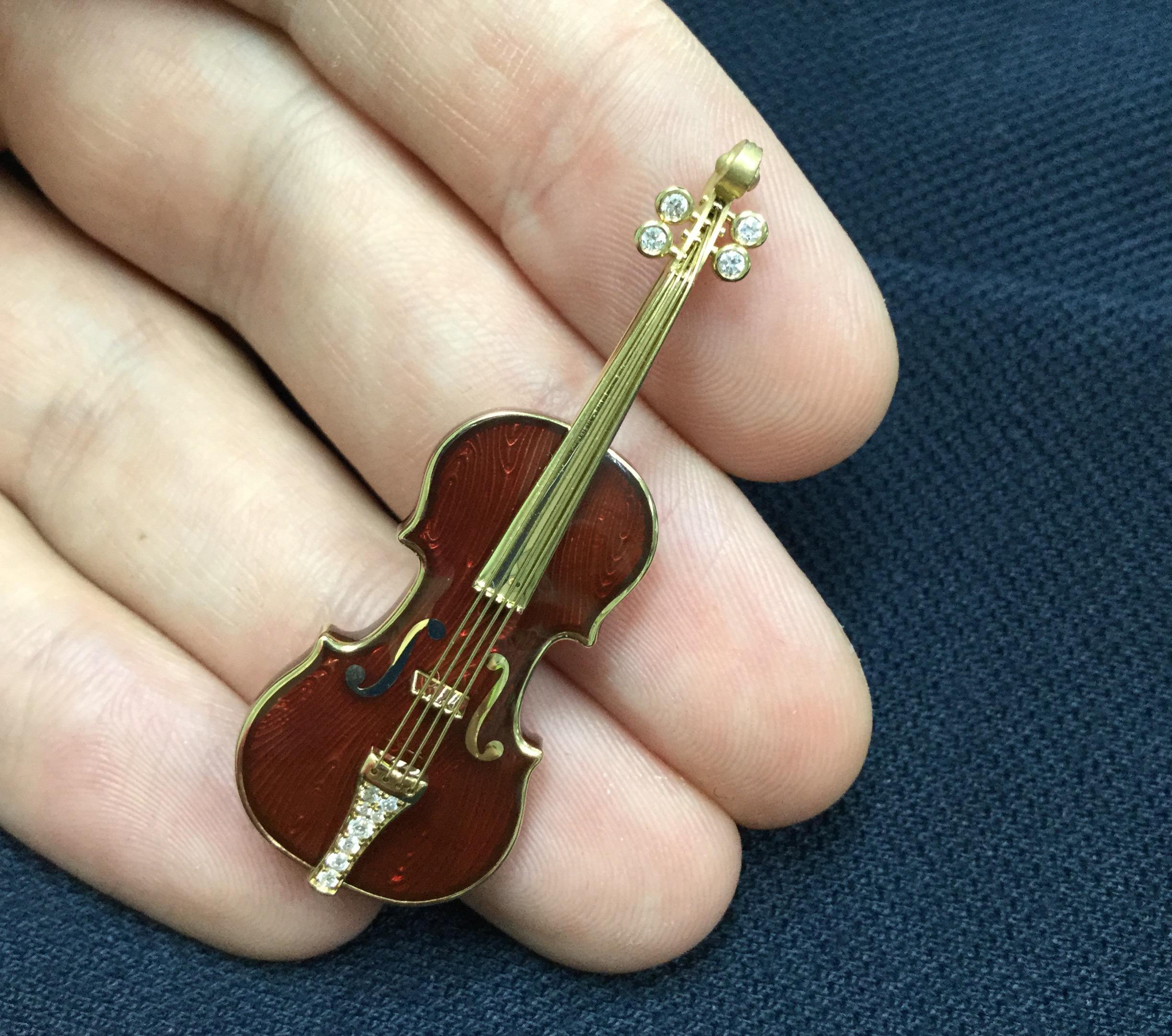 Contemporary Classical Enamel and Diamond Violin 18 Karat Yellow Gold Brooch