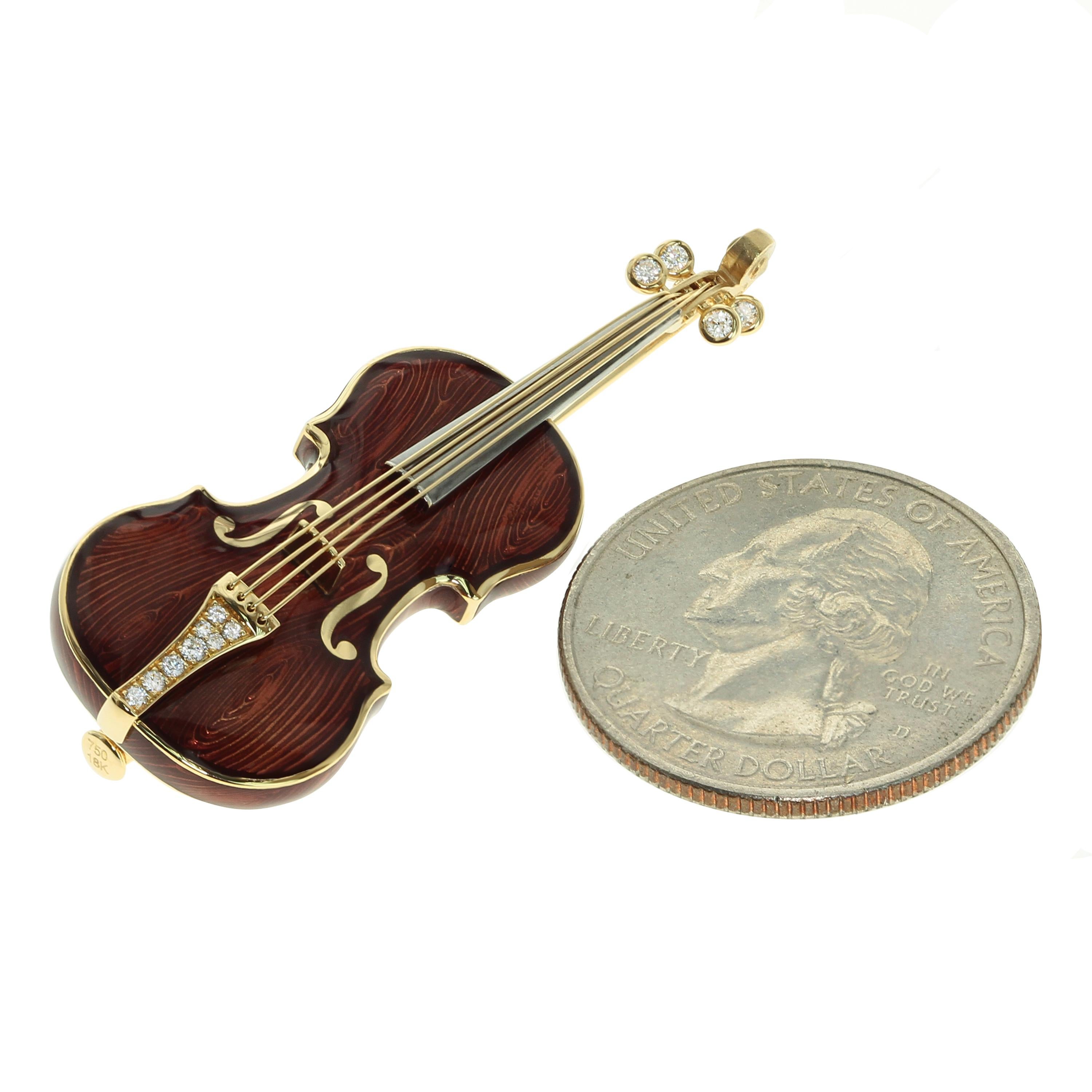 Klassische Emaille-Diamant- Violin-Brosche aus 18 Karat Gelbgold (Zeitgenössisch) im Angebot