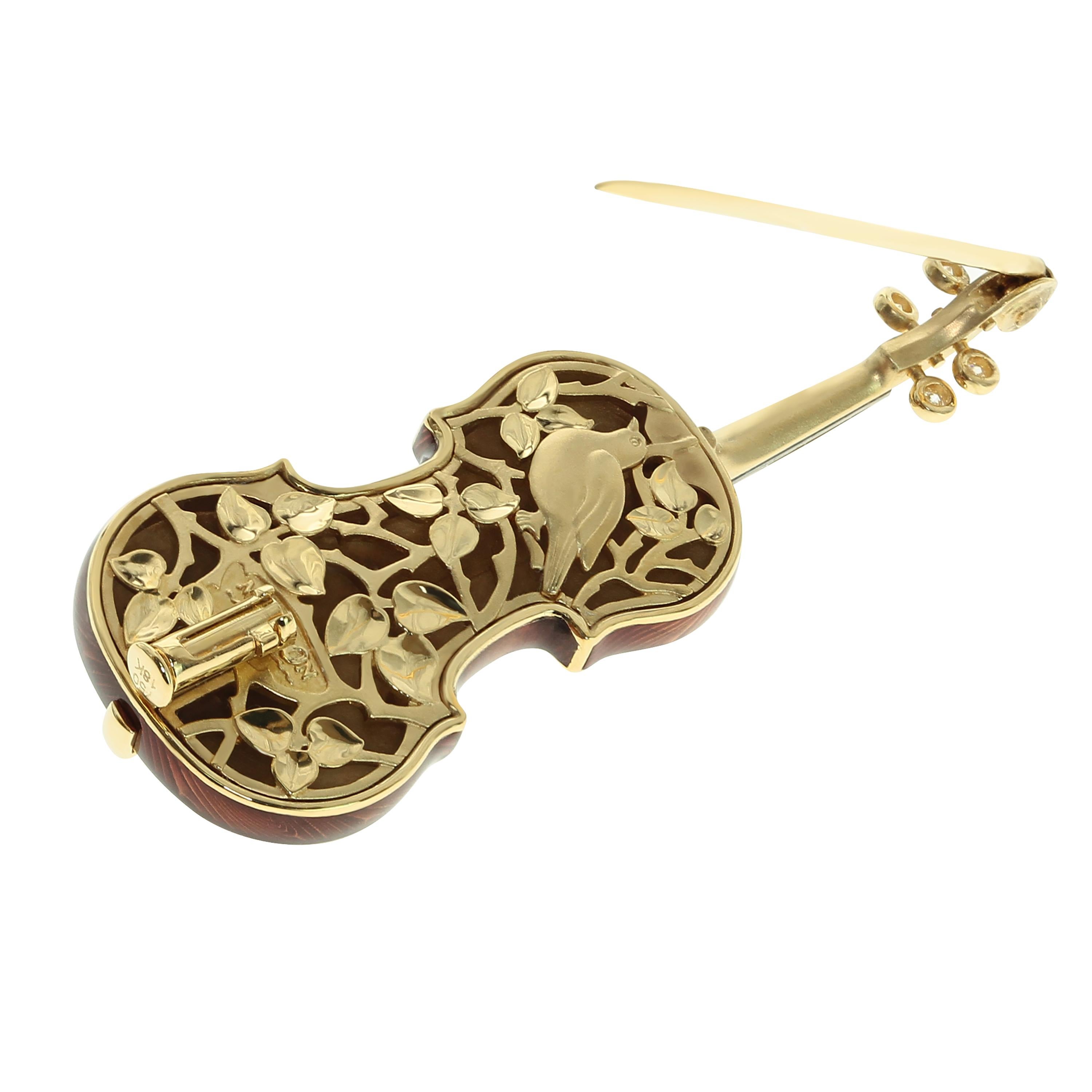 Klassische Emaille-Diamant- Violin-Brosche aus 18 Karat Gelbgold (Rundschliff) im Angebot