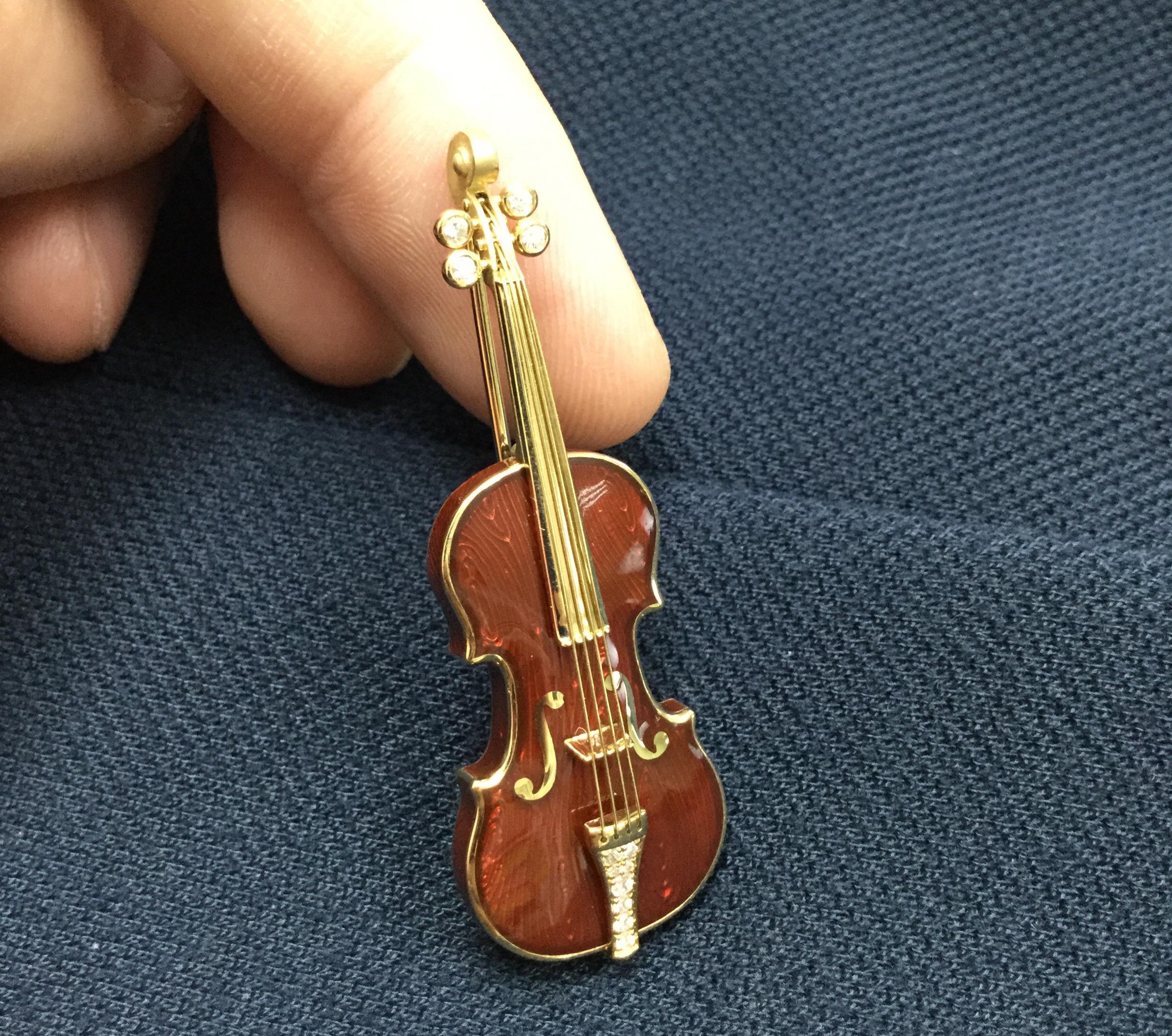 Women's or Men's Classical Enamel and Diamond Violin 18 Karat Yellow Gold Brooch