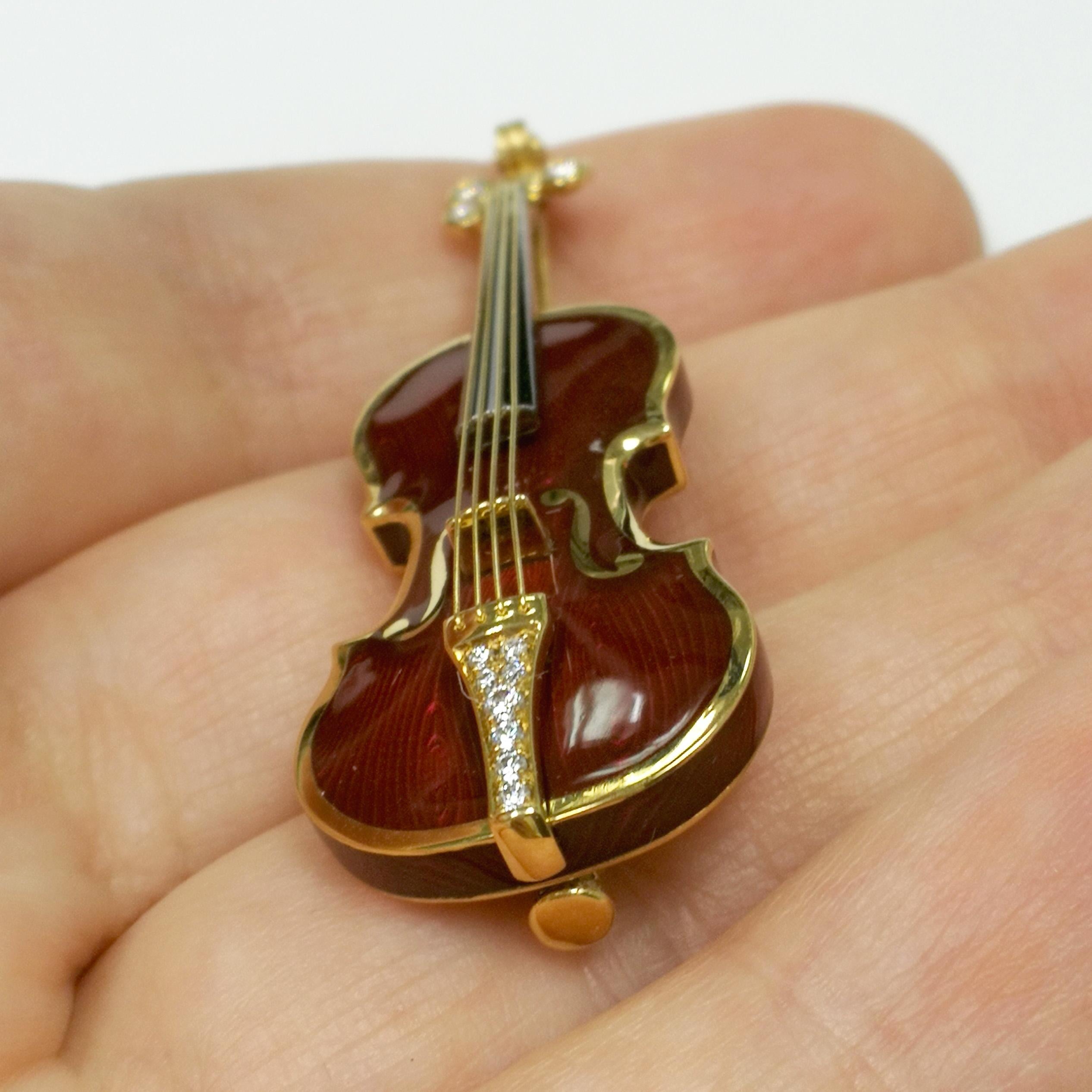 Contemporary Classical Enamel Diamond 18 Karat Yellow Gold Violin Brooch For Sale