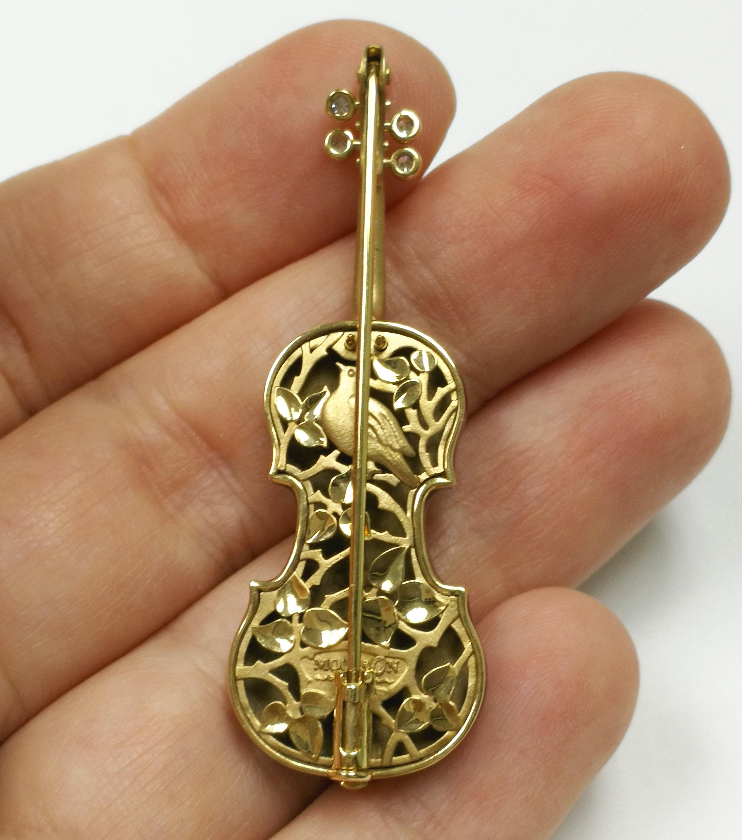 Round Cut Classical Enamel Diamond 18 Karat Yellow Gold Violin Brooch For Sale