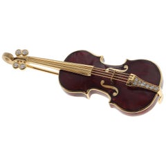 Classical Enamel and Diamond Violin 18 Karat Yellow Gold Brooch