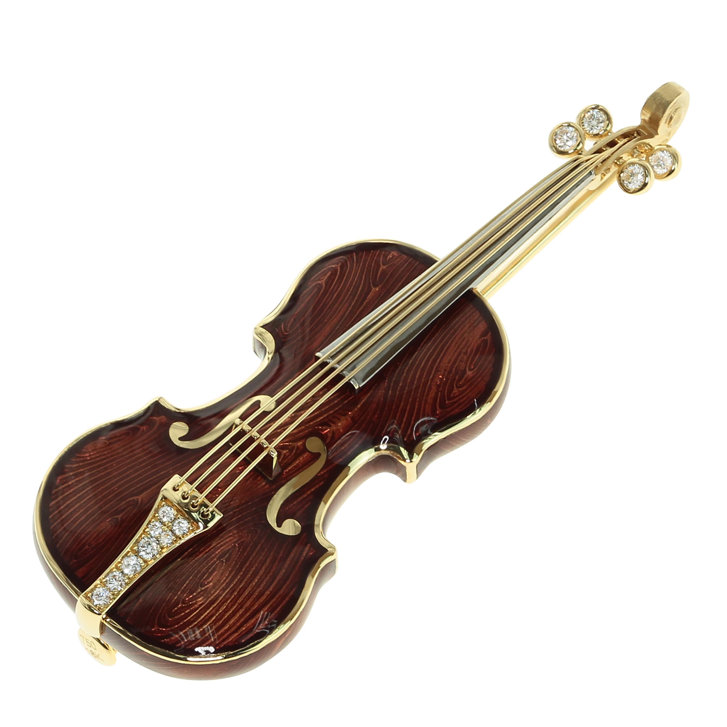 Klassische Emaille-Diamant- Violin-Brosche aus 18 Karat Gelbgold
