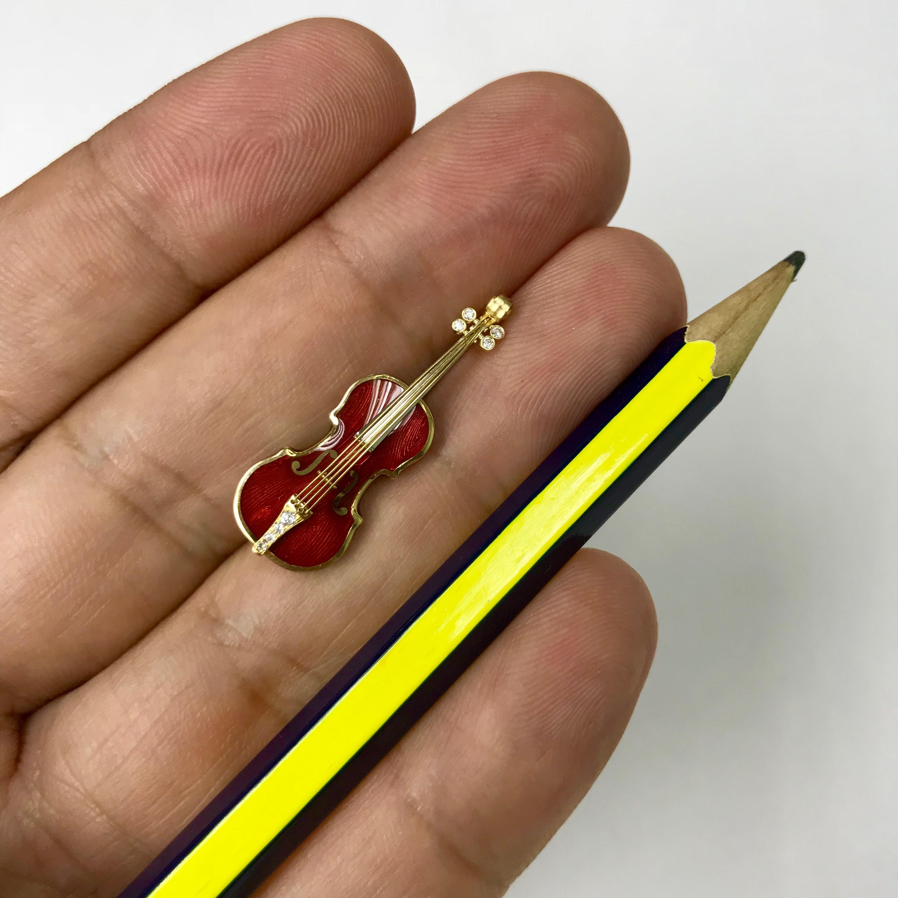 Mini-Violinbrosche aus 18 Karat Gelbgold mit Emaille und Diamanten 5