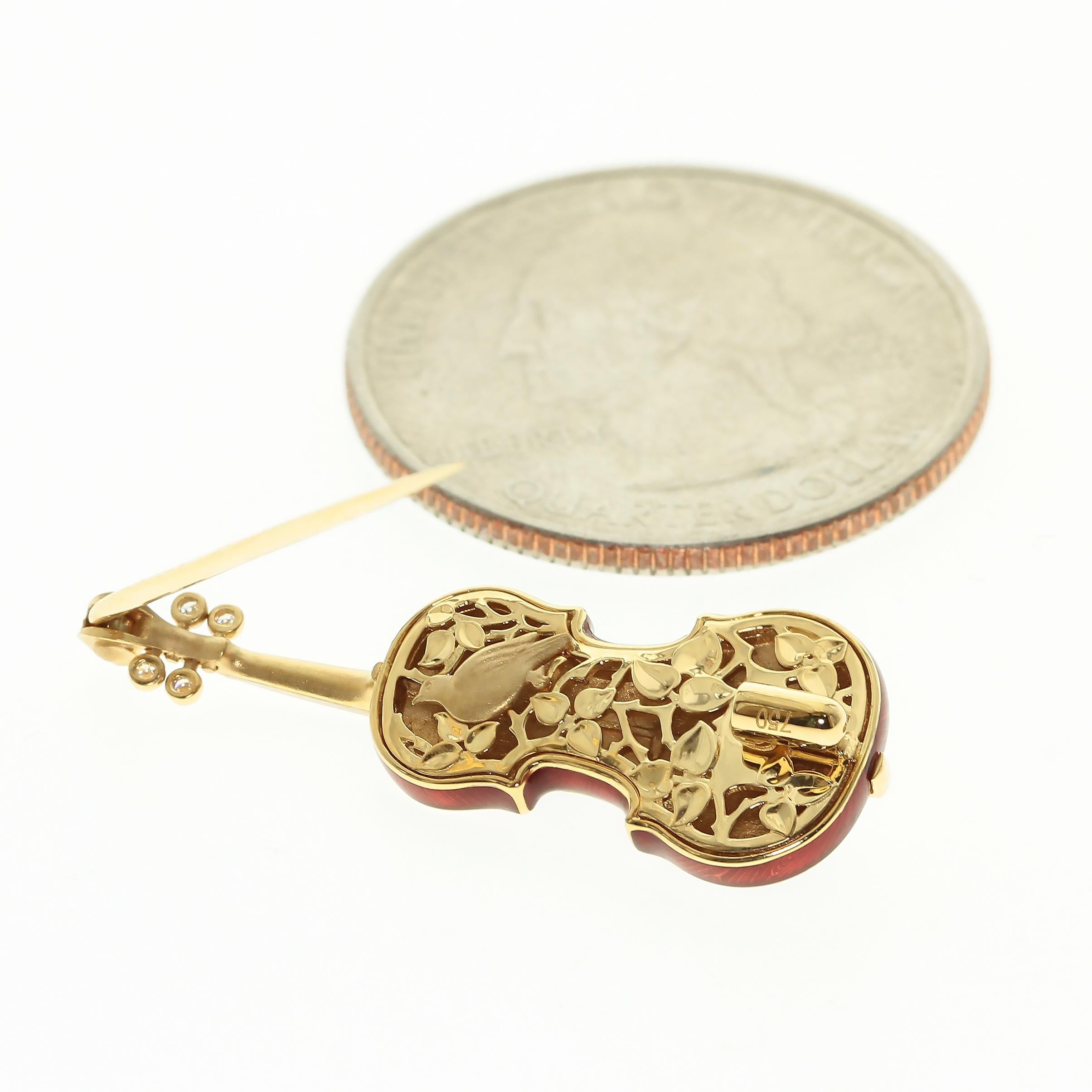 Classical Enamel Diamond 18 Karat Yellow Gold Mini Violin Brooch
Mousson Atelier represent with proud! Same size as a Quarter!
18 Karat Gold Enamel Violin Brooch. Our signature item form Musical Collection. Body with Enamel and Diamonds. Texture of