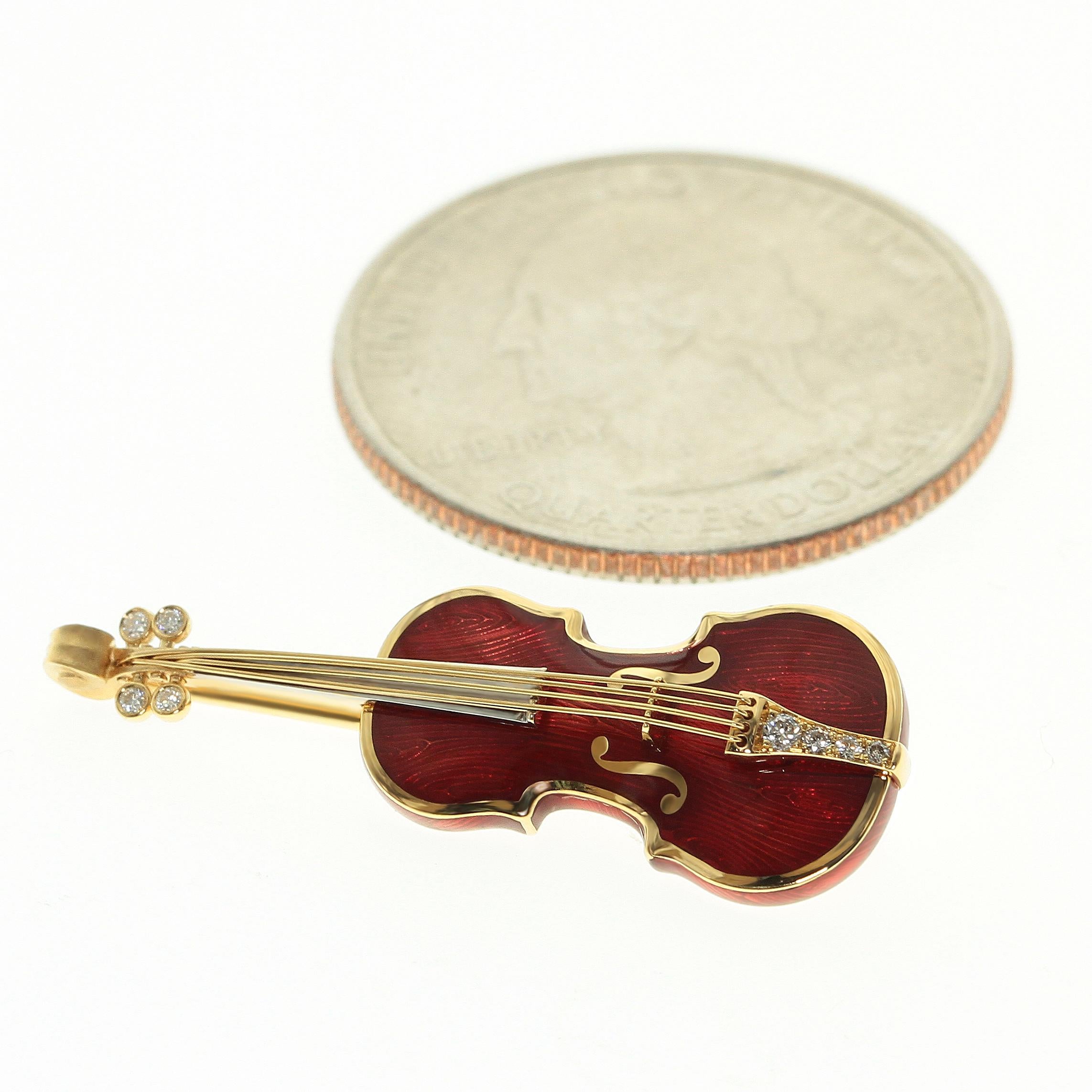 Mini-Violinbrosche aus 18 Karat Gelbgold mit Emaille und Diamanten (Zeitgenössisch)