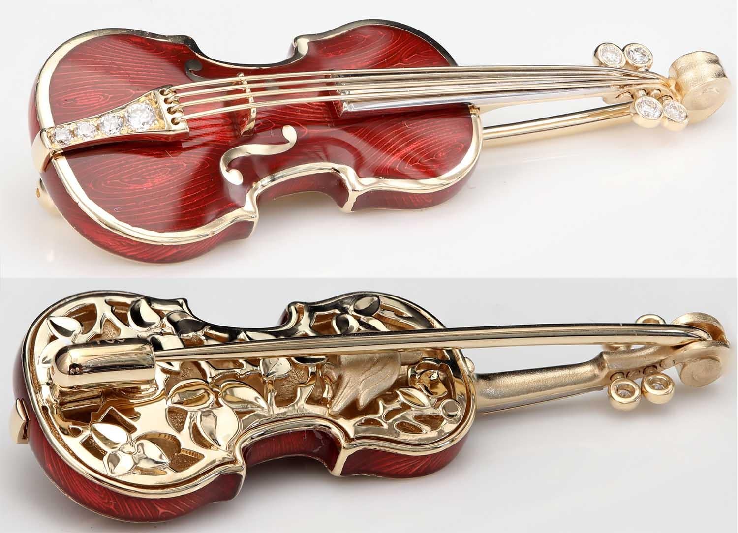 Mini-Violinbrosche aus 18 Karat Gelbgold mit Emaille und Diamanten im Zustand „Neu“ in Bangkok, TH