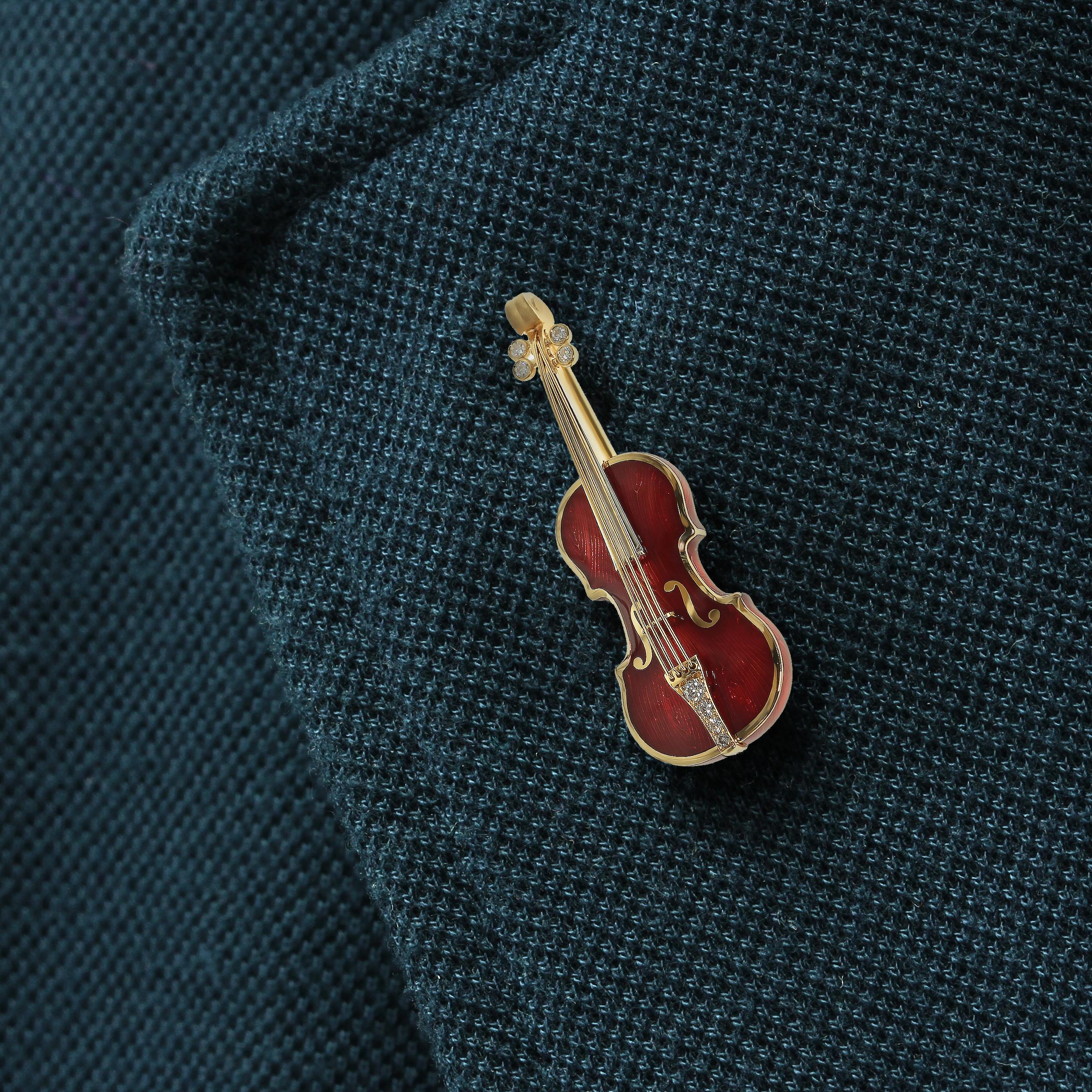 Mini-Violinbrosche aus 18 Karat Gelbgold mit Emaille und Diamanten für Damen oder Herren