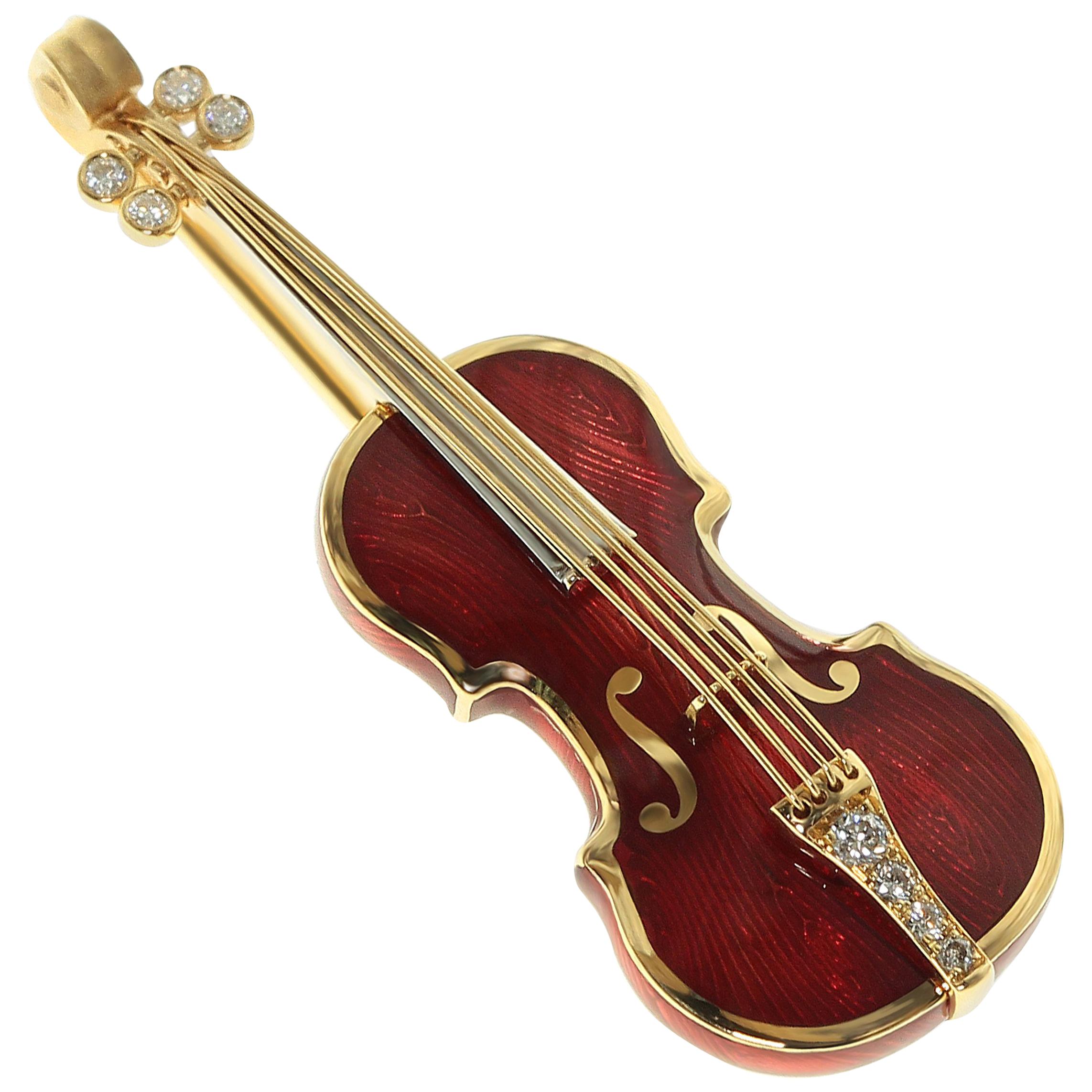 Classical Enamel Diamond 18 Karat Yellow Gold Mini Violin Brooch