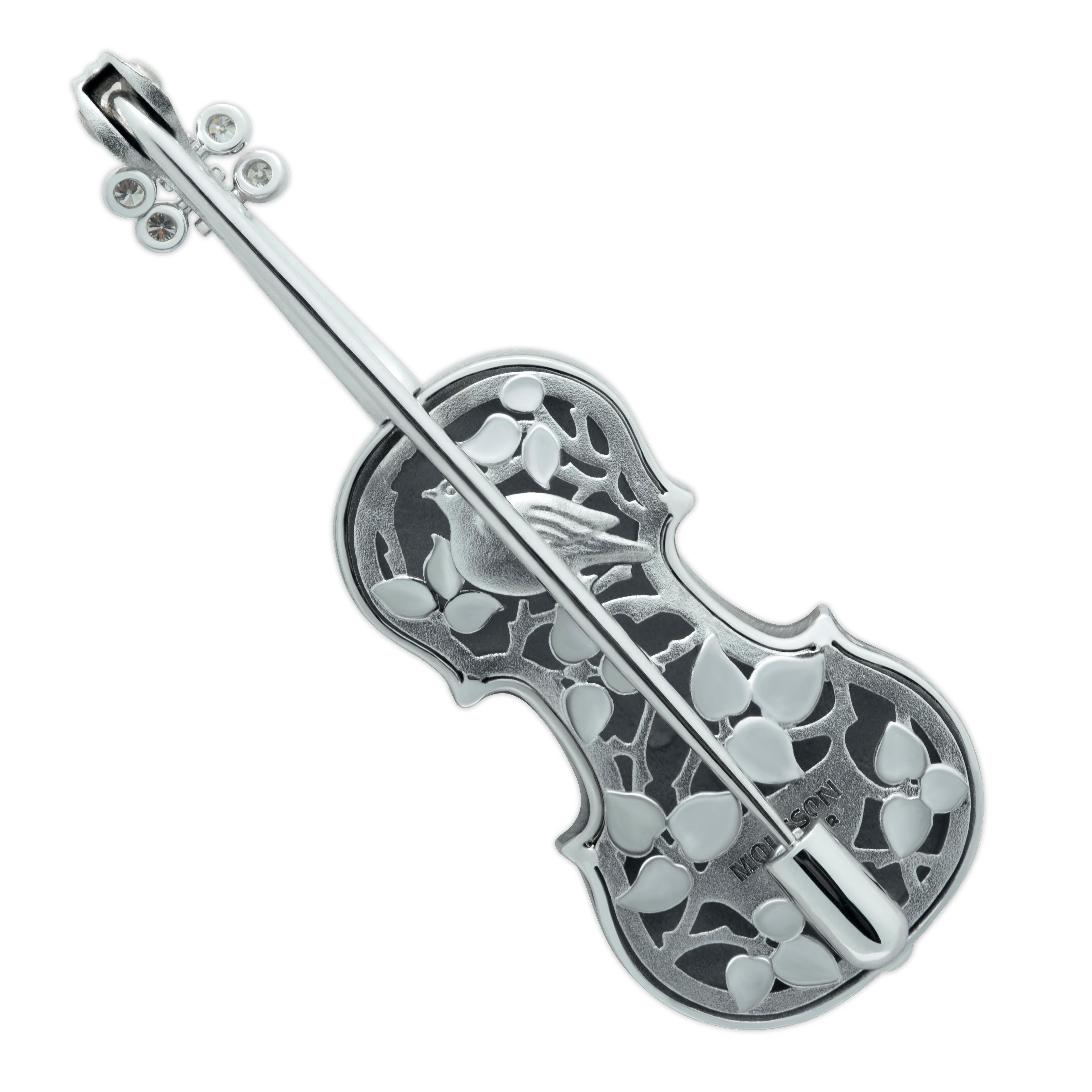 Classical Enamel Diamond 18 Karat White Gold Mini Violin Brooch

This 18K Gold Enamel Violin Brooch is a work of art! Our signature item from Artistic Collection, it boasts realistic texture of real wood and transparent enamel, along with singing
