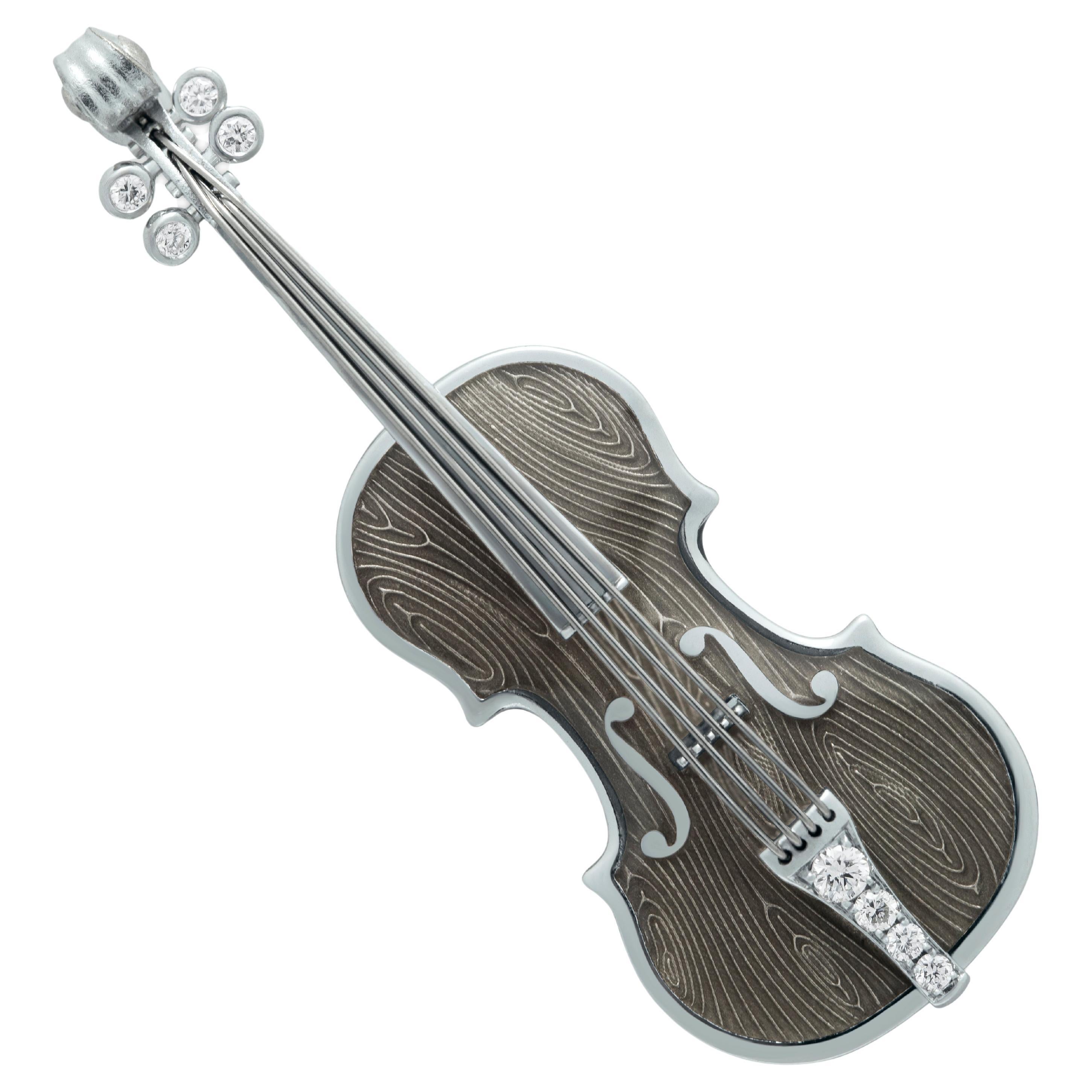 Classical Enamel Diamond 18 Karat White Gold Mini Violin Brooch For Sale