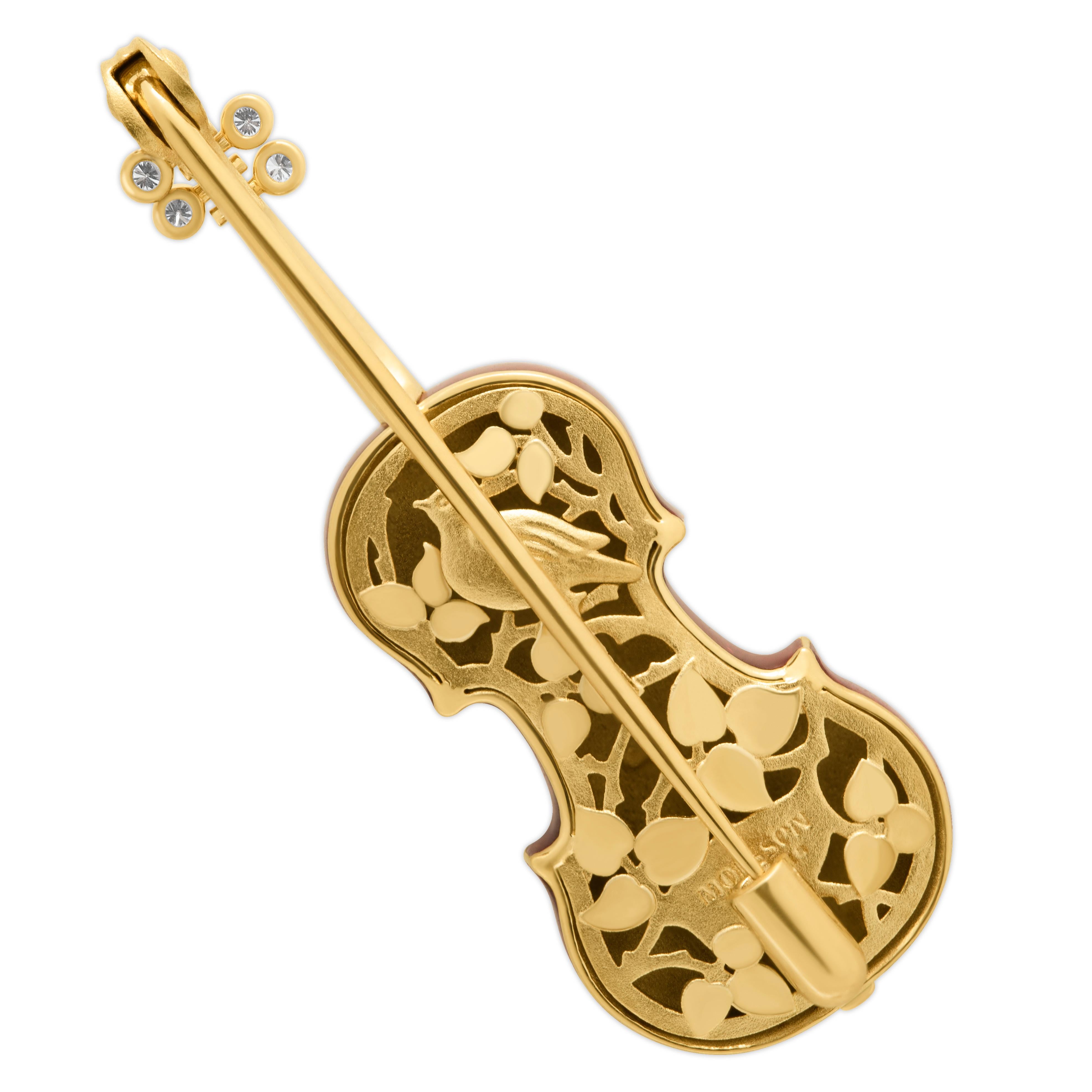 Classical Enamel Diamond 18 Karat Yellow Gold Mini Violin Brooch

This 18K Gold Enamel Violin Brooch is a work of art! Our signature item from Artistic Collection, it boasts realistic texture of real wood and transparent enamel, along with singing