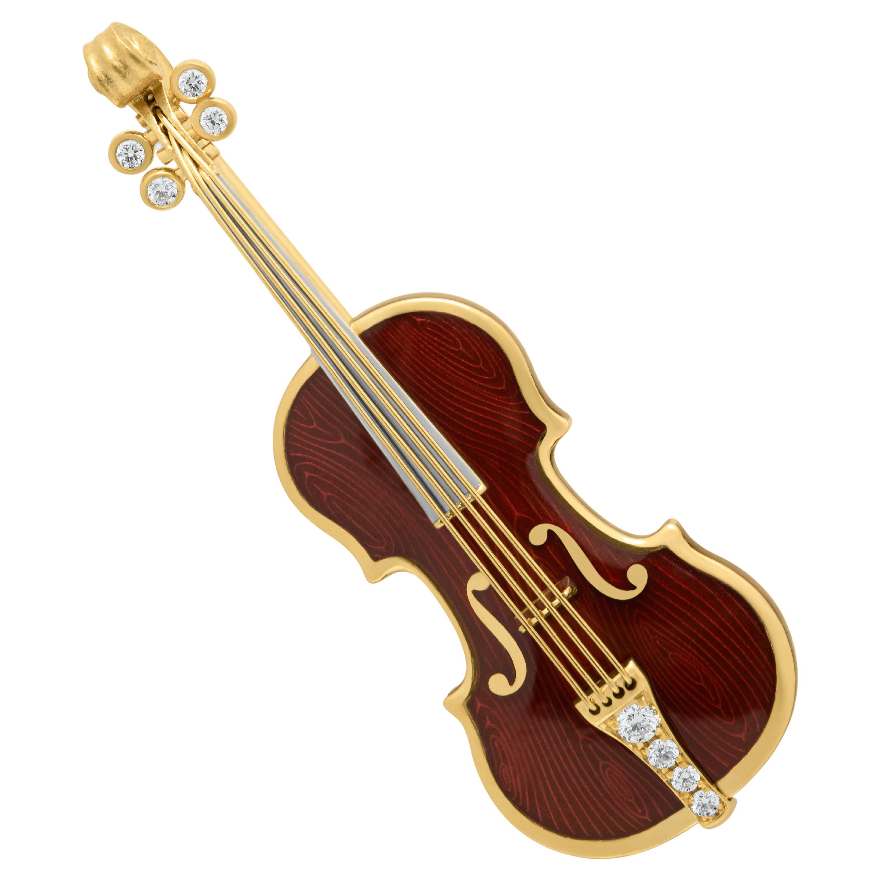 Klassische Mini- Violin-Brosche aus 18 Karat Gelbgold mit Emaille und Diamanten