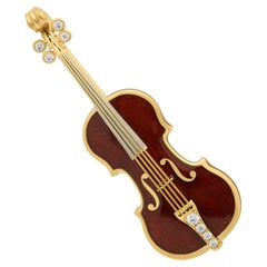 Klassische Mini- Violin-Brosche aus 18 Karat Gelbgold mit Emaille und Diamanten
