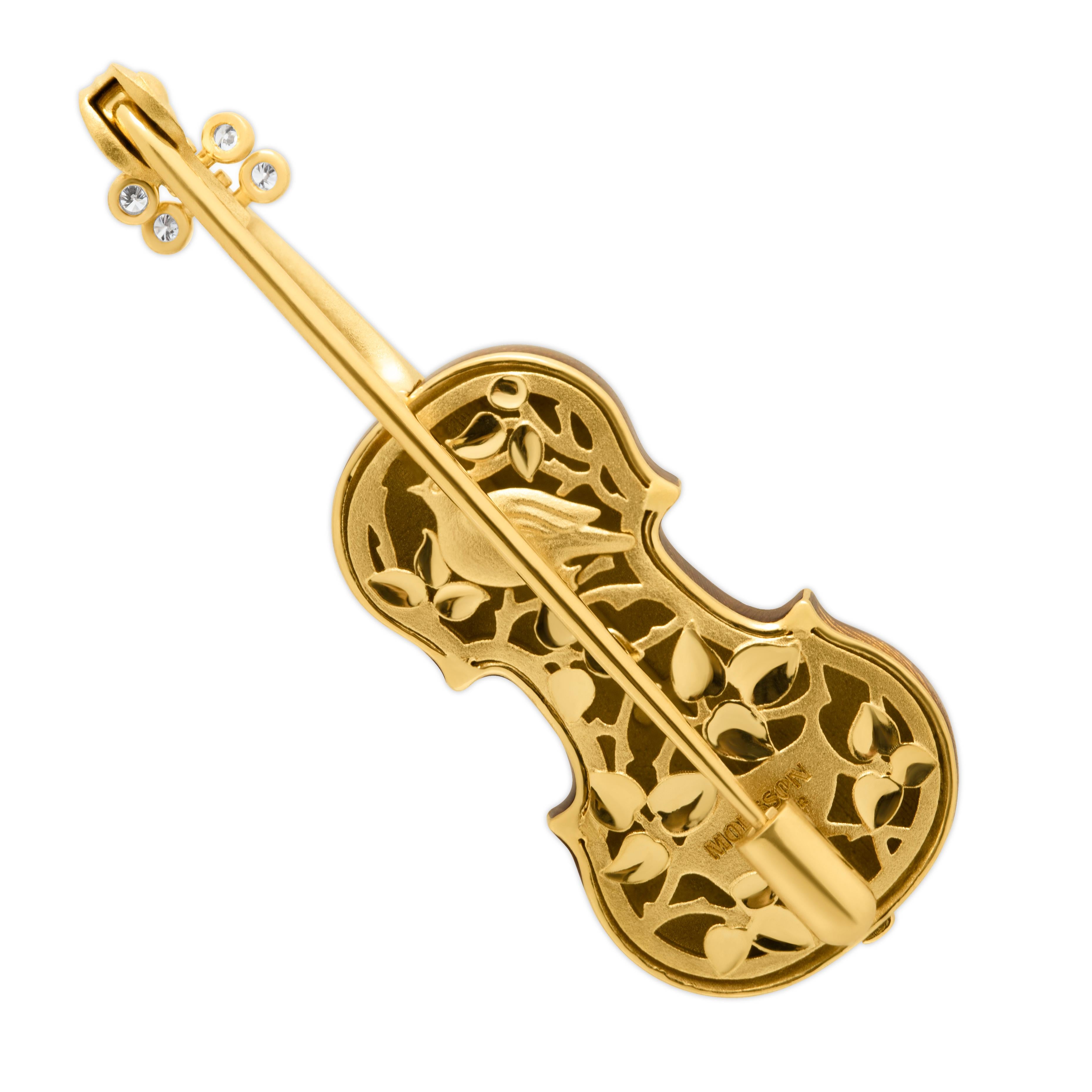Classical Enamel Diamond 18 Karat Yellow Gold Mini Violin Brown Brooch

This 18K Gold Enamel Violin Brooch is a work of art! Our signature item from Artistic Collection, it boasts realistic texture of real wood and transparent enamel, along with