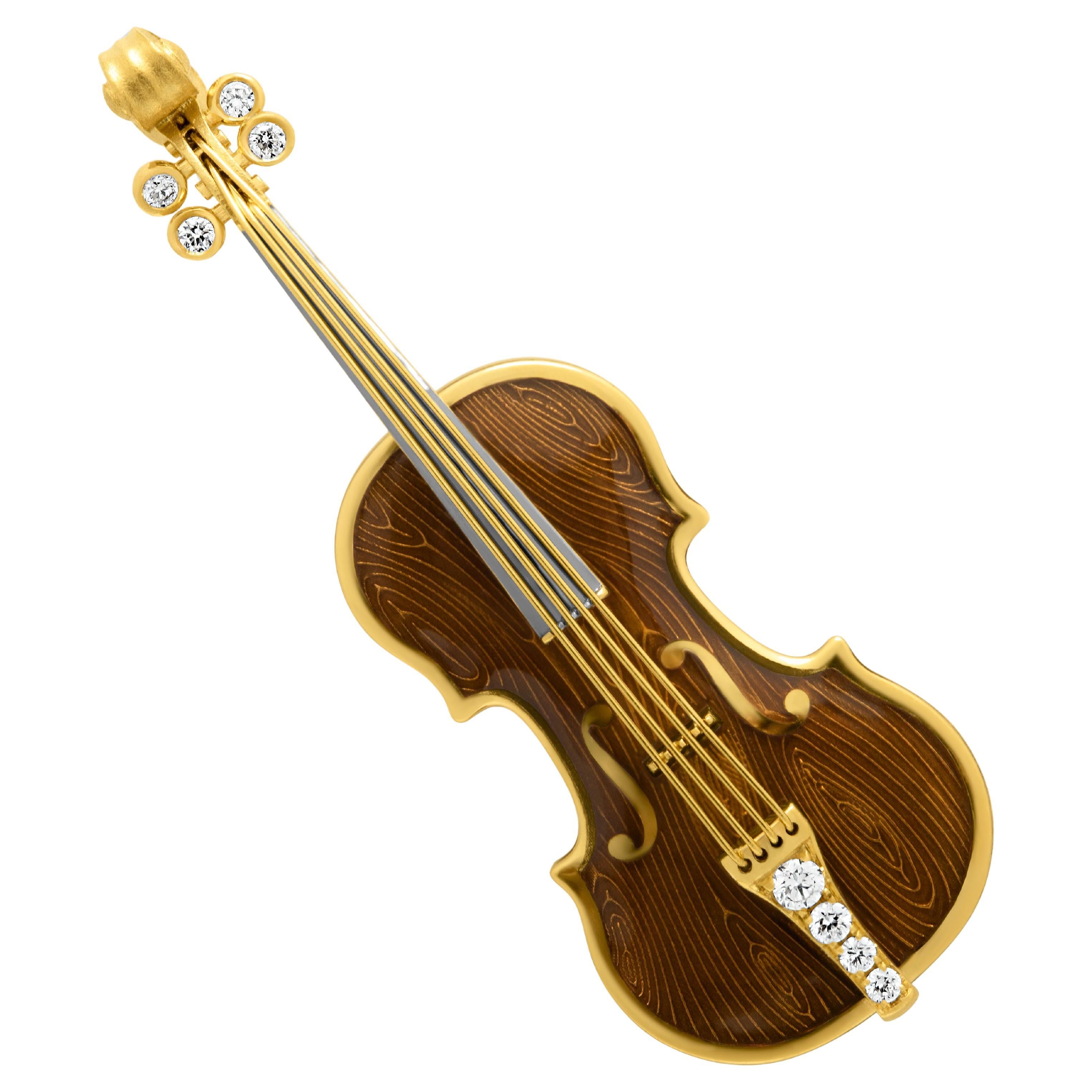 Classical Enamel Diamond 18 Karat Yellow Gold Mini Violin Brown Brooch For Sale