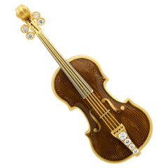 Classical Enamel Diamond 18 Karat Yellow Gold Mini Violin Brown Brooch