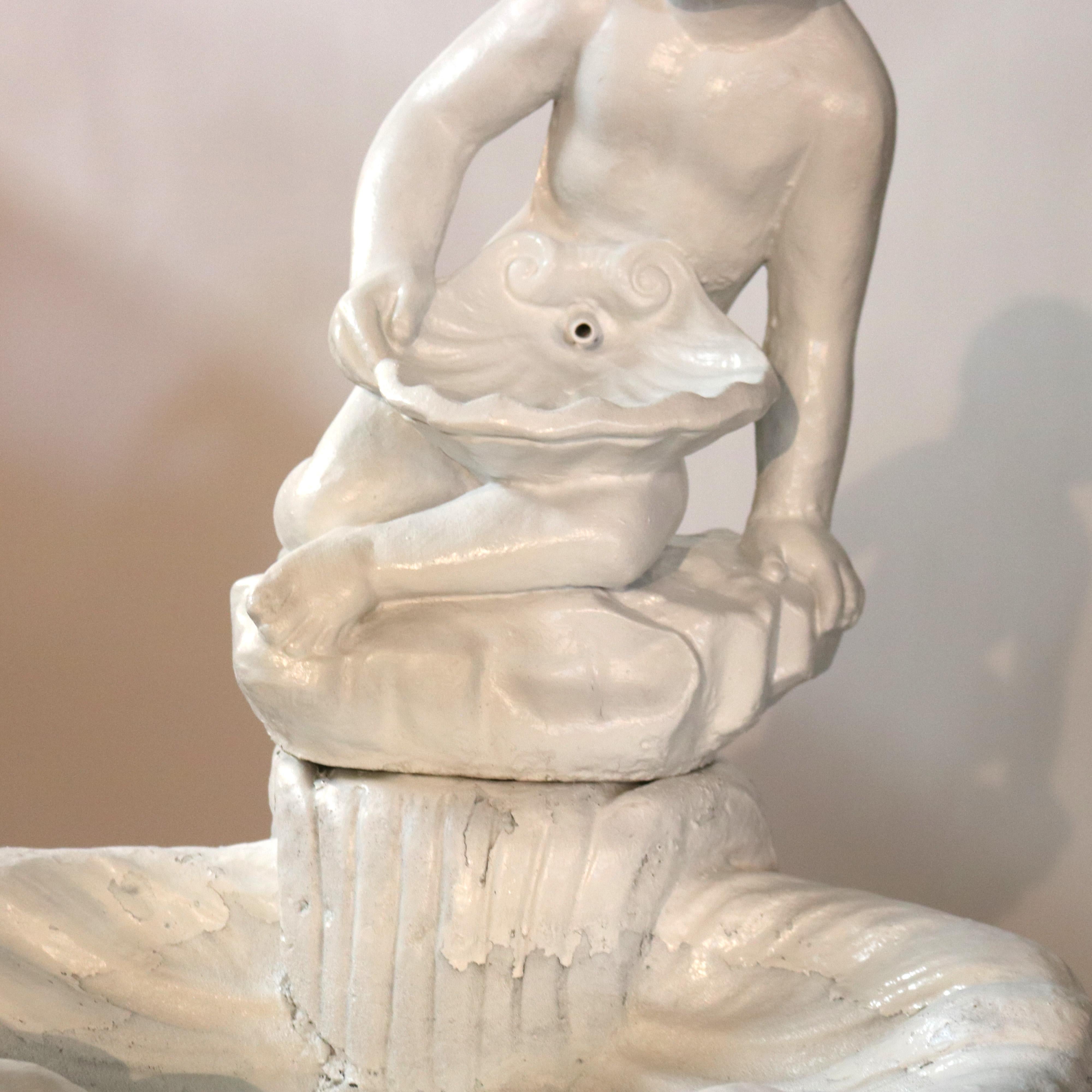 Concrete Classical Figural Painted Cast Stone Tiered Garden Fountain, 20th C For Sale