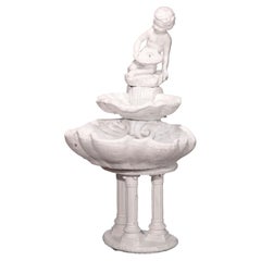 Classical Figural Painted Cast Stone Tiered Garden Fountain, 20th C
