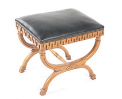 Classical Form Fruitwood Curule Stool Bench Greek Key Carved Apron
