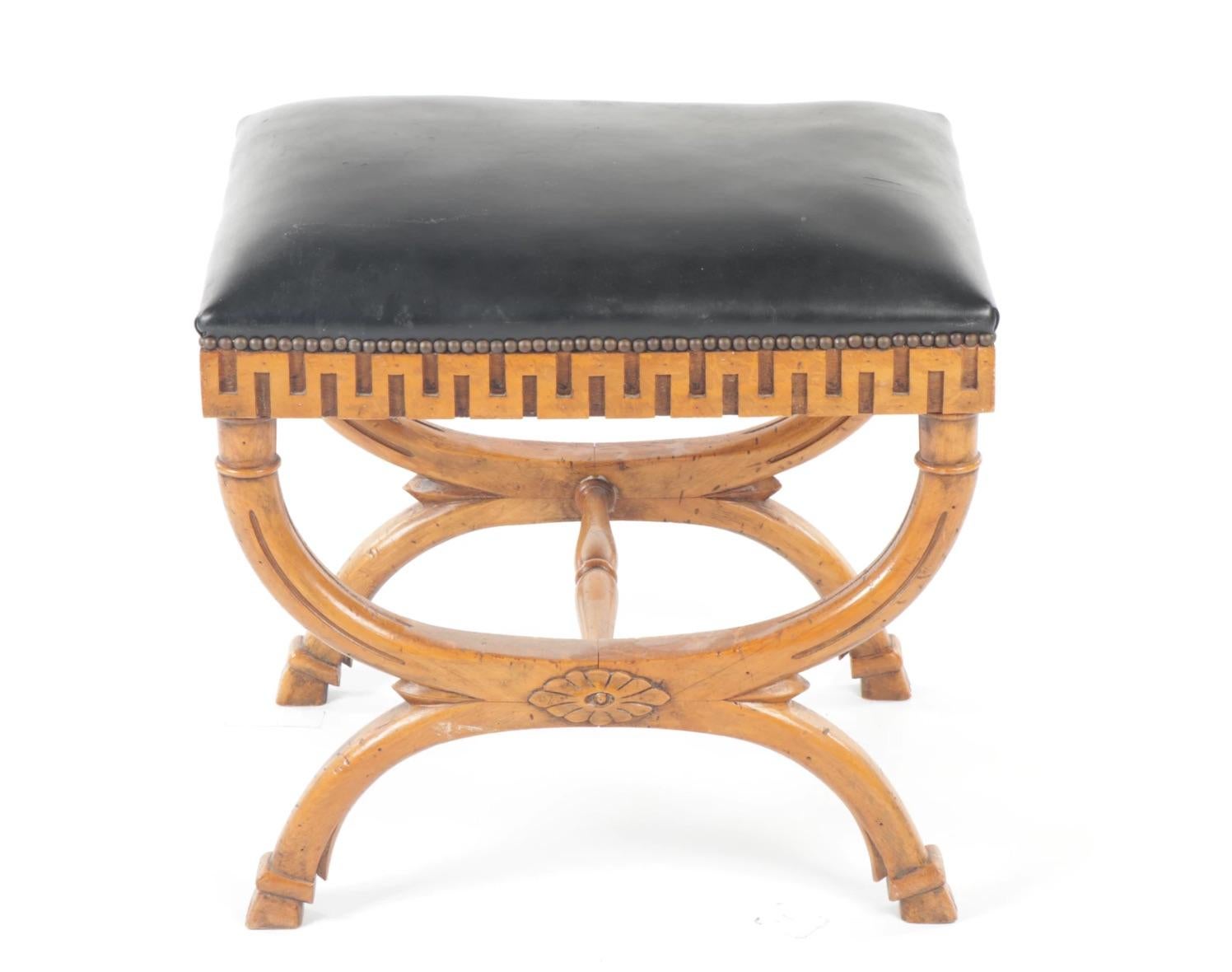 Classical Greek Classical Form Fruitwood Curule Stool Bench Greek Key Carved Apron For Sale